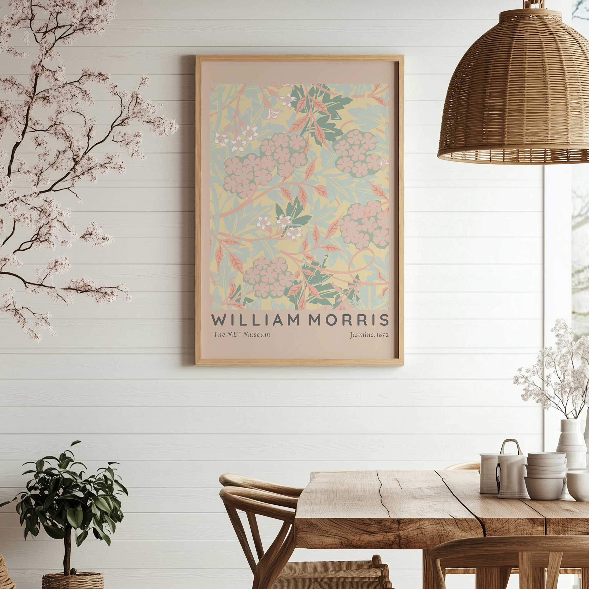 blush jasmine by William Morris print hanging in a dining room