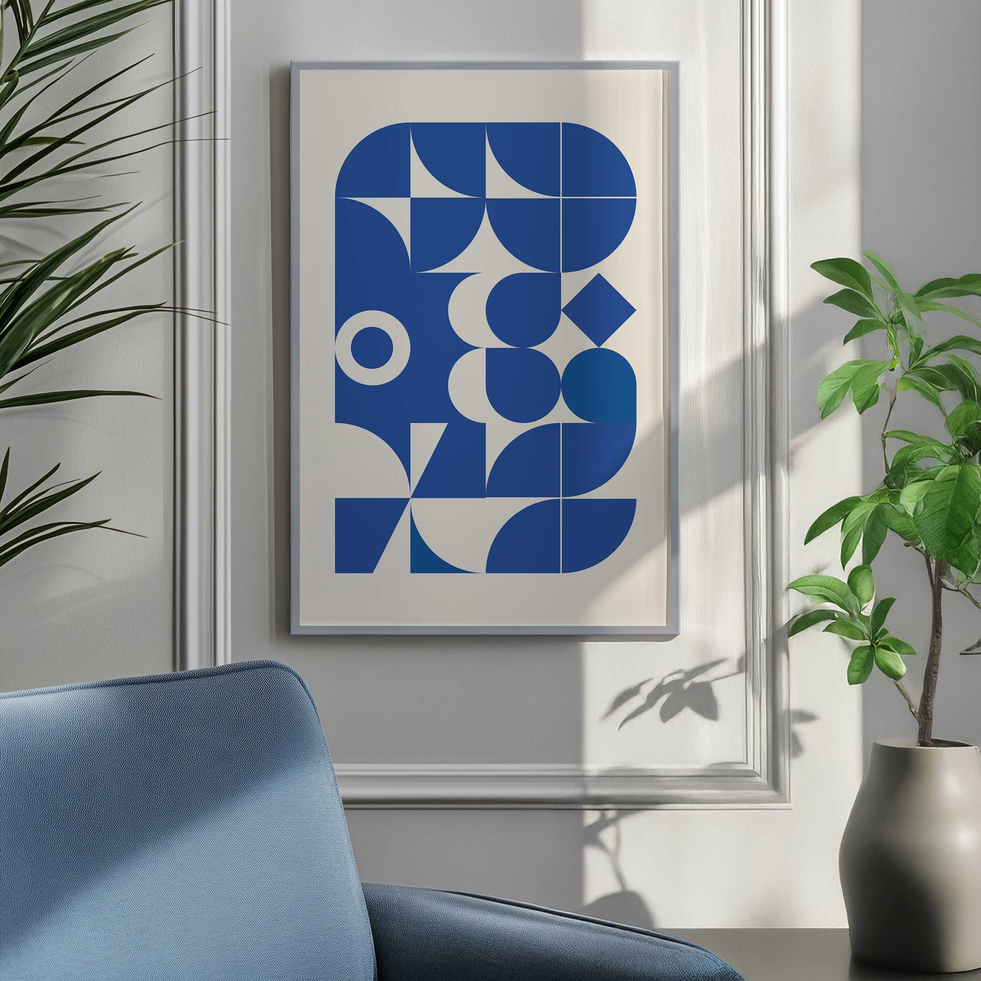 modern blue forms geometric abstract print hanging in modern sitting room