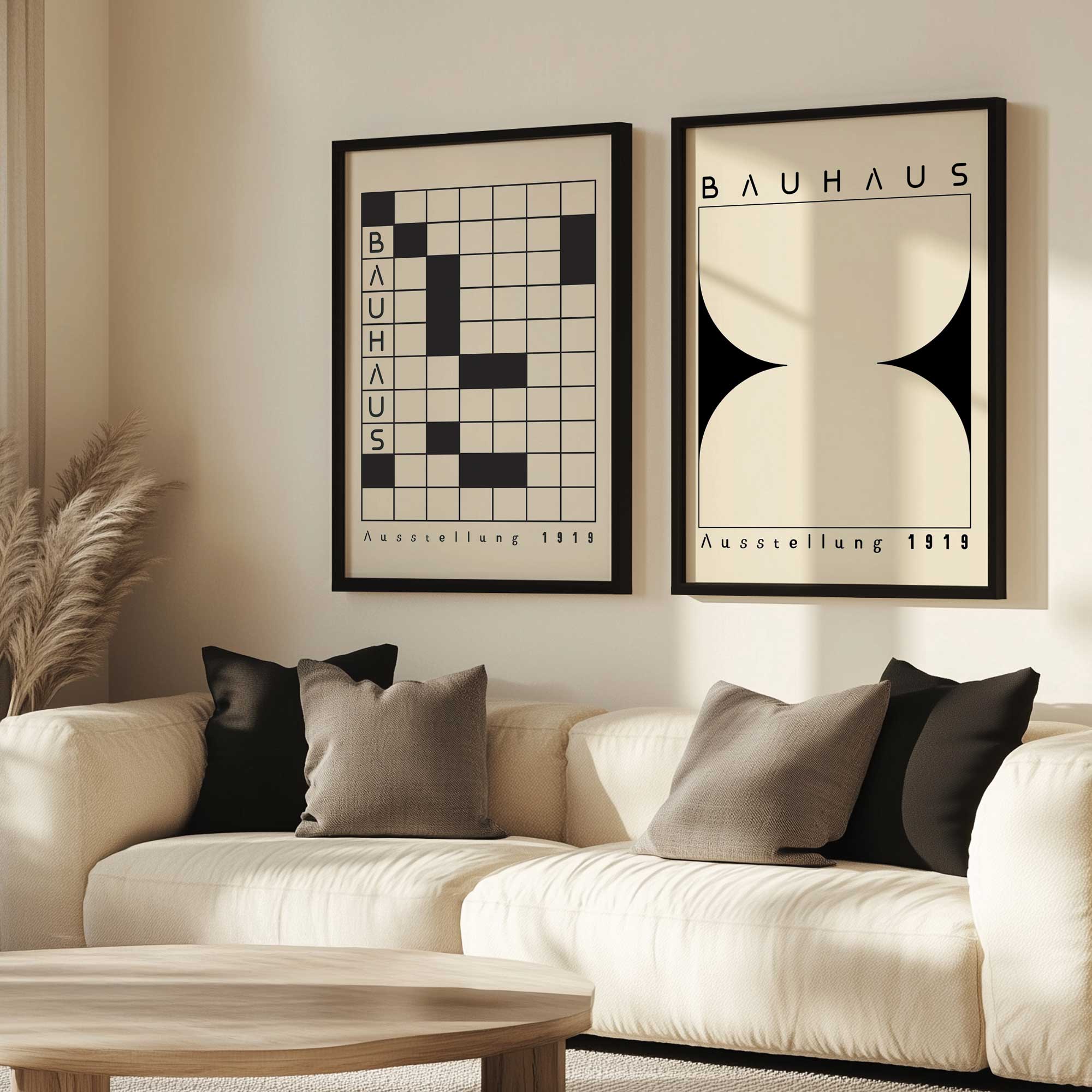 Bauhaus Grid & Balance set of 2 framed prints hanging above a couch