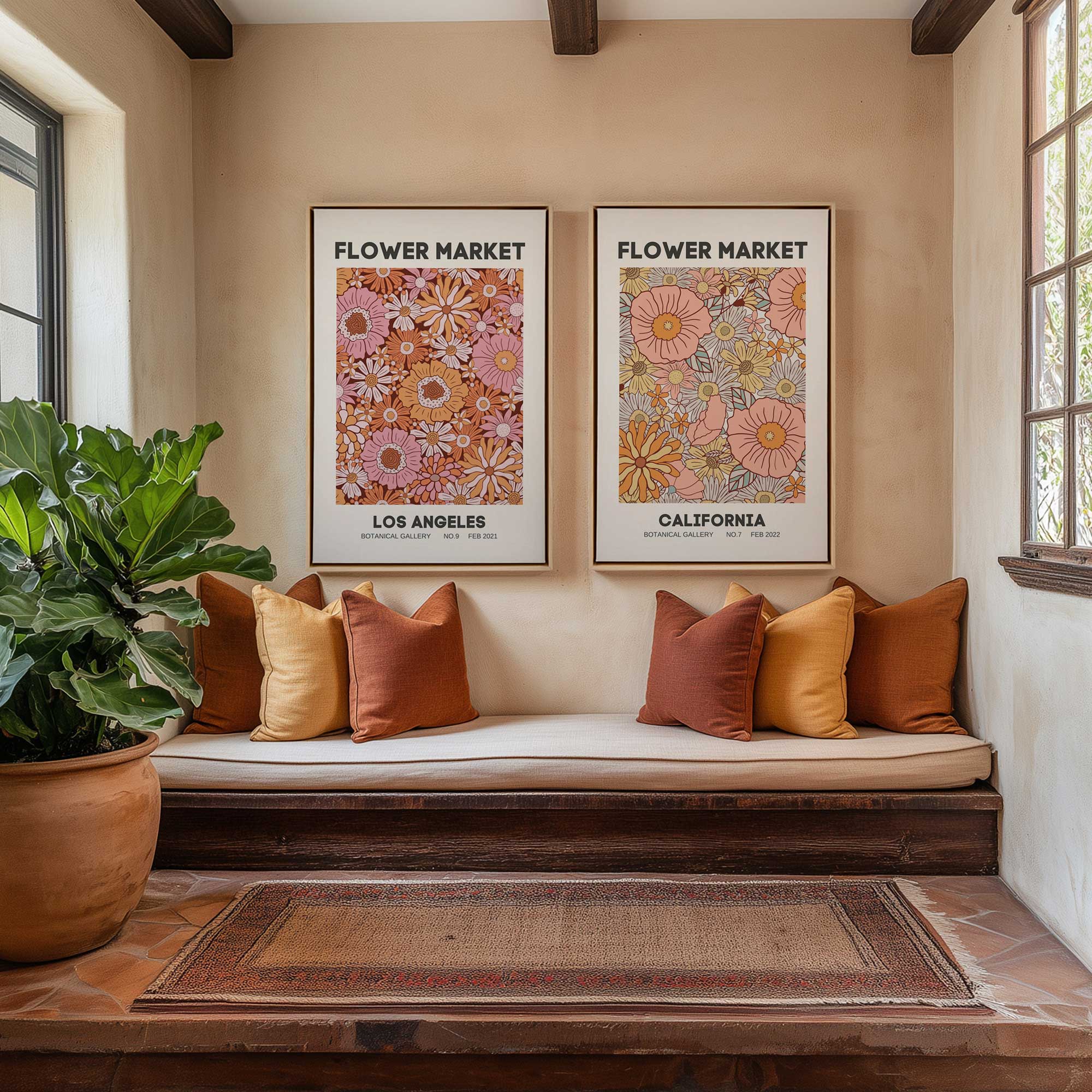 retro flower market set of 2 framed canvas prints hanging in reading nook