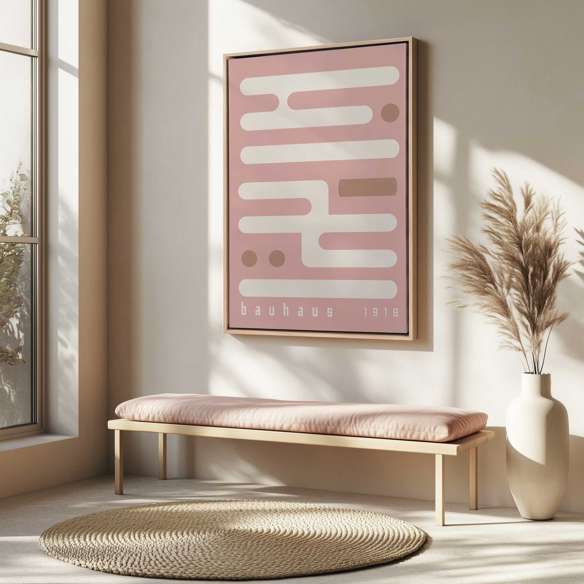 pink bauhaus minimalist circuitry II print hanging above a bench in an entryway