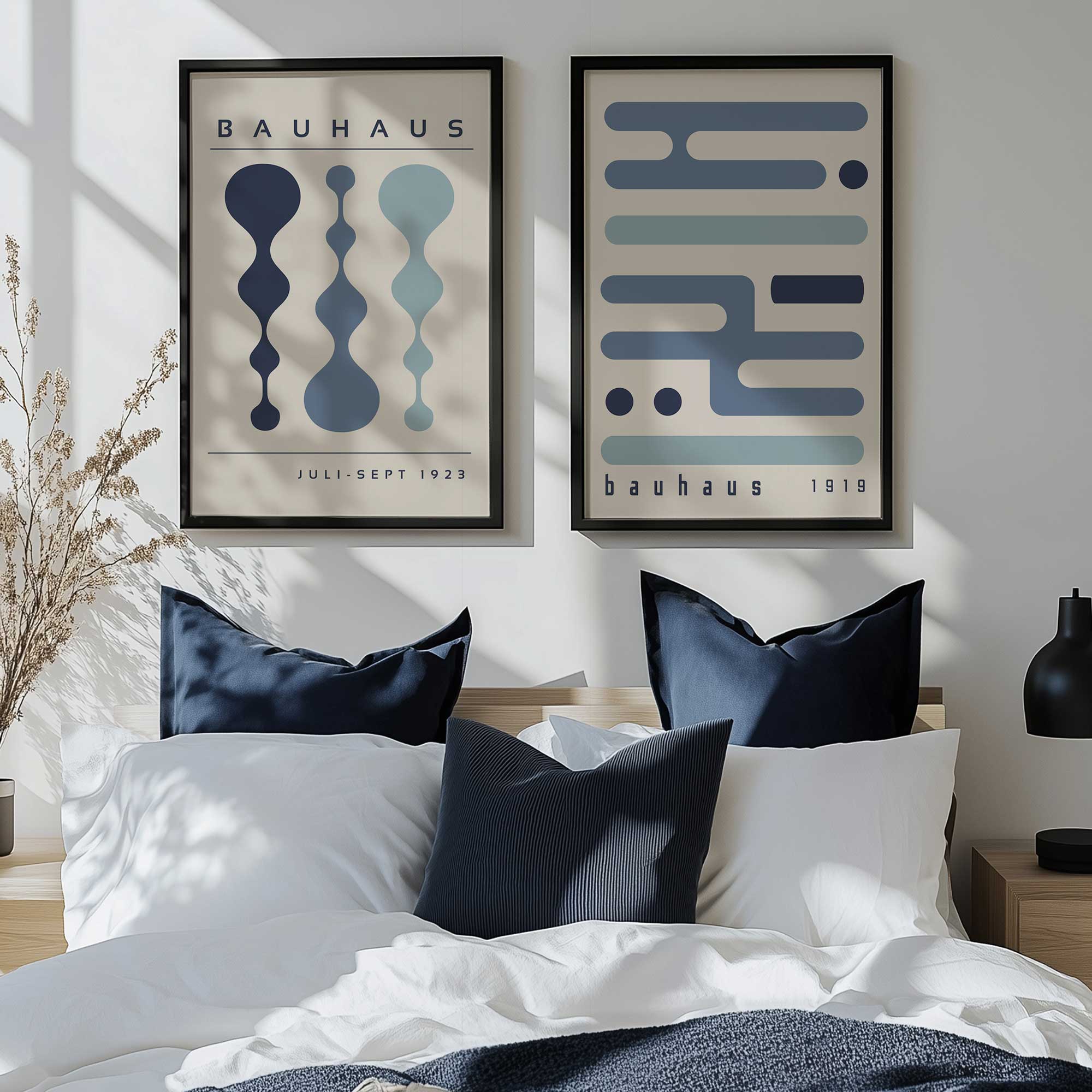 midnight retro circuitry set of 2 prints hanging above a bed