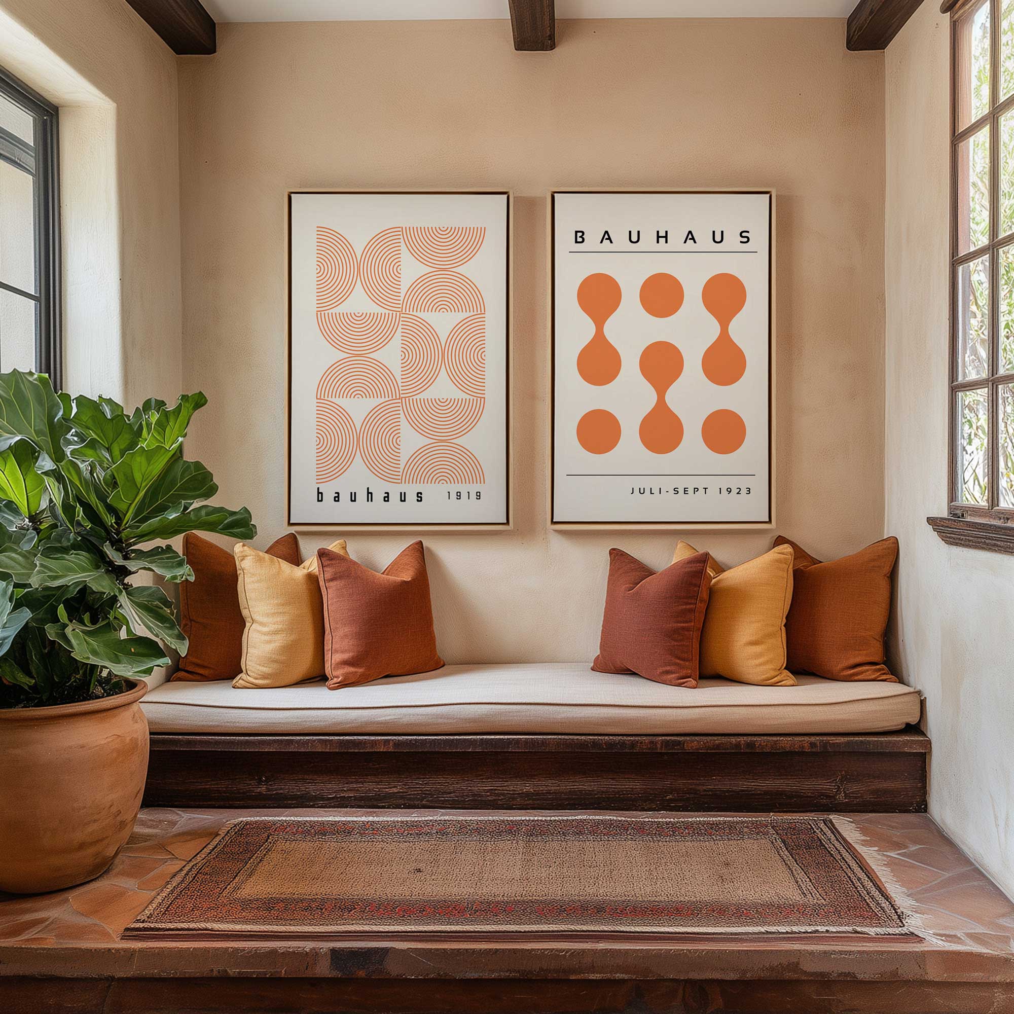Framed orange bauhaus geographic art prints hanging in midcentury modern living room