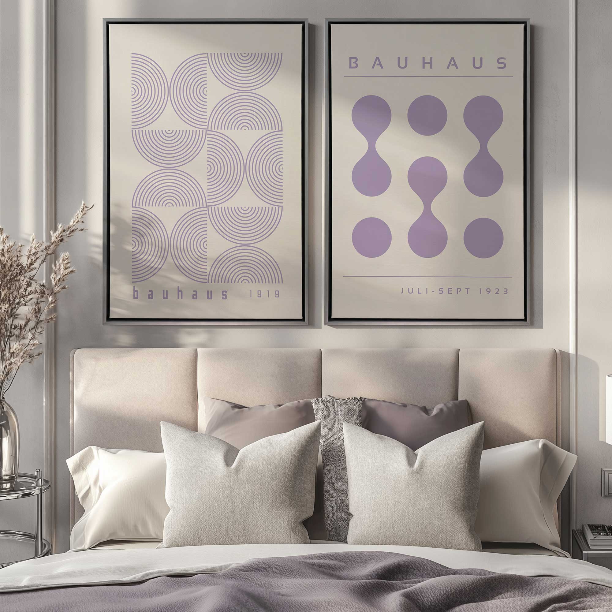Bauhaus Flow and Composition in purple I set of 2 framed canvas prints hanging above a bed