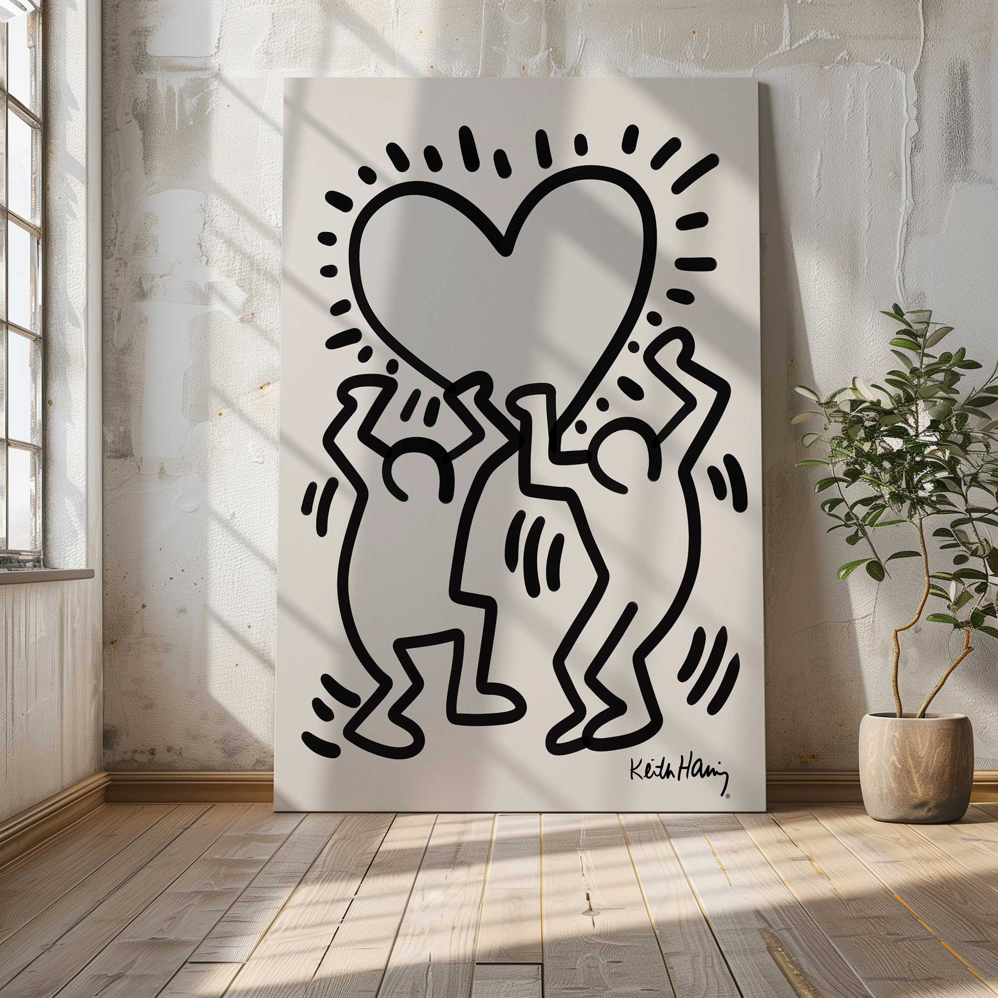 large canvas keith haring heart poster leaning against wall