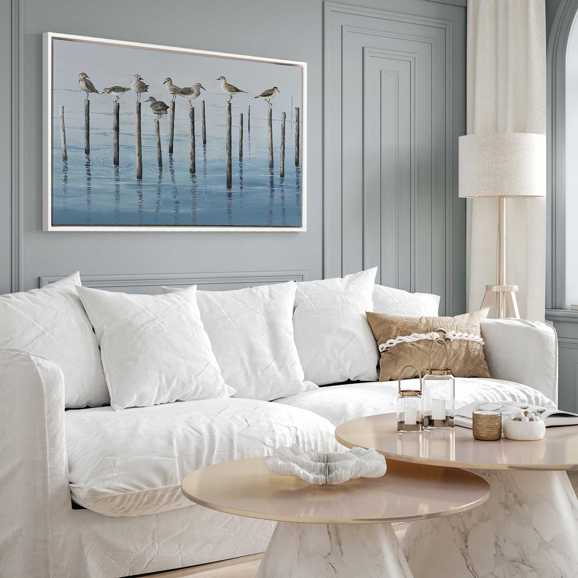 noonday escapade print on canvas in a white floater frame on a living room wall