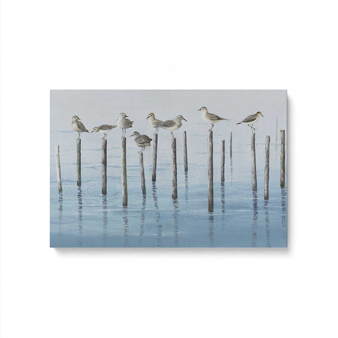 noonday escapades print on canvas of birds standing on poles in water