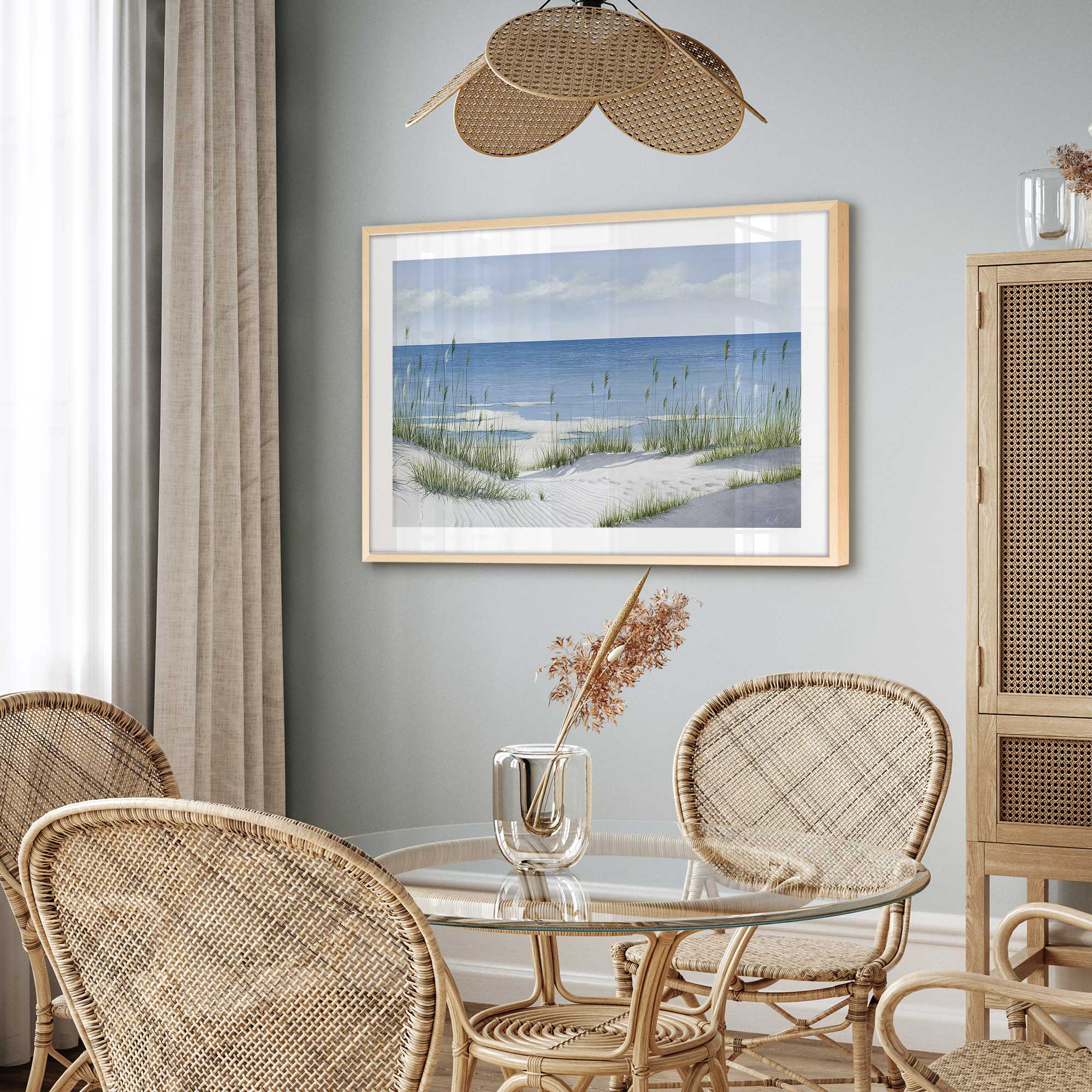 Sandy whispers framed print in a dining room