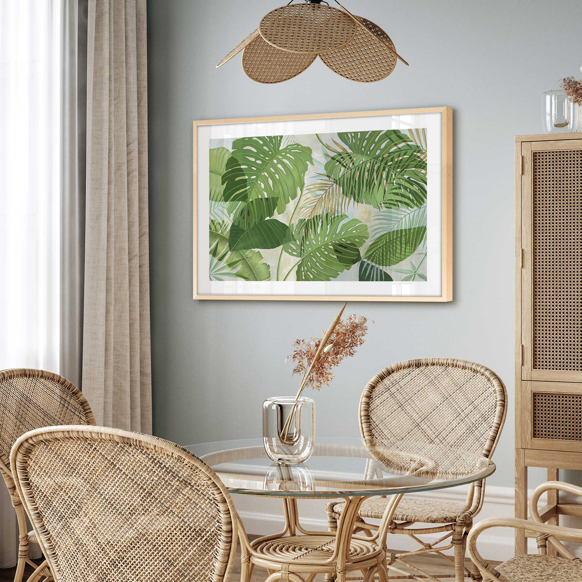 Tropical Jade Oasis Print of palm leaves hanging in dining room