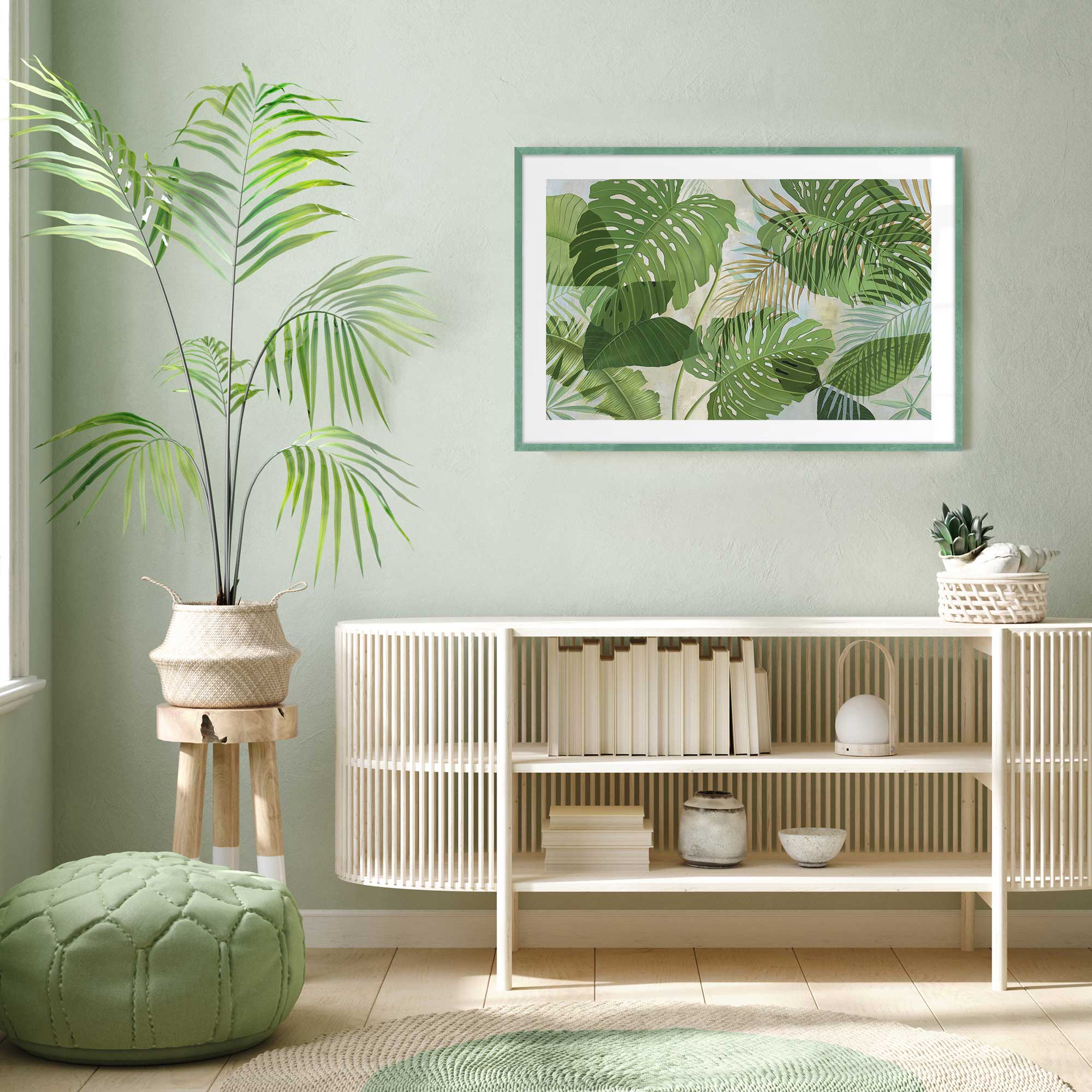 tropical jade print on living room wall