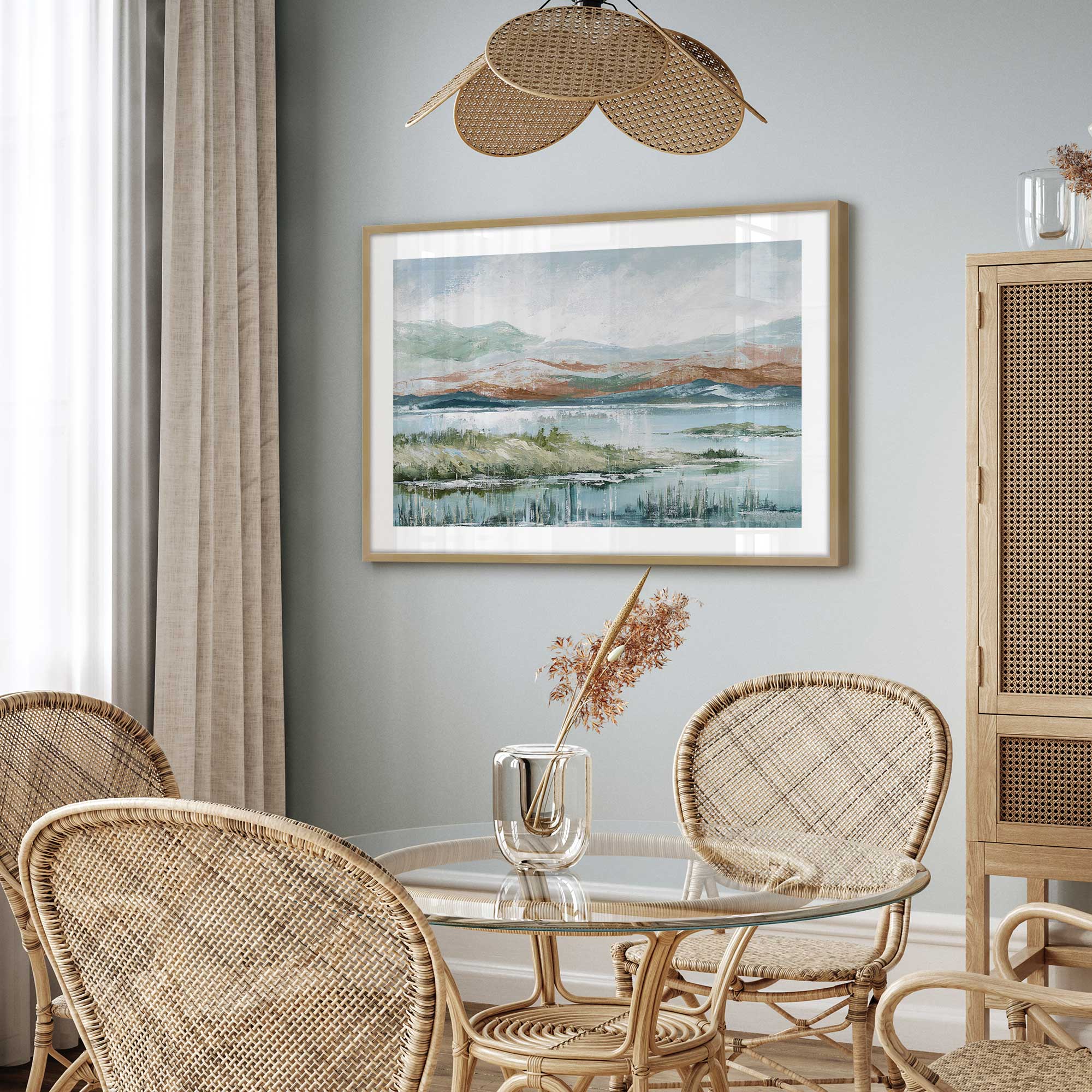 lakeside afternoon enchantment print framed hanging in a dining room