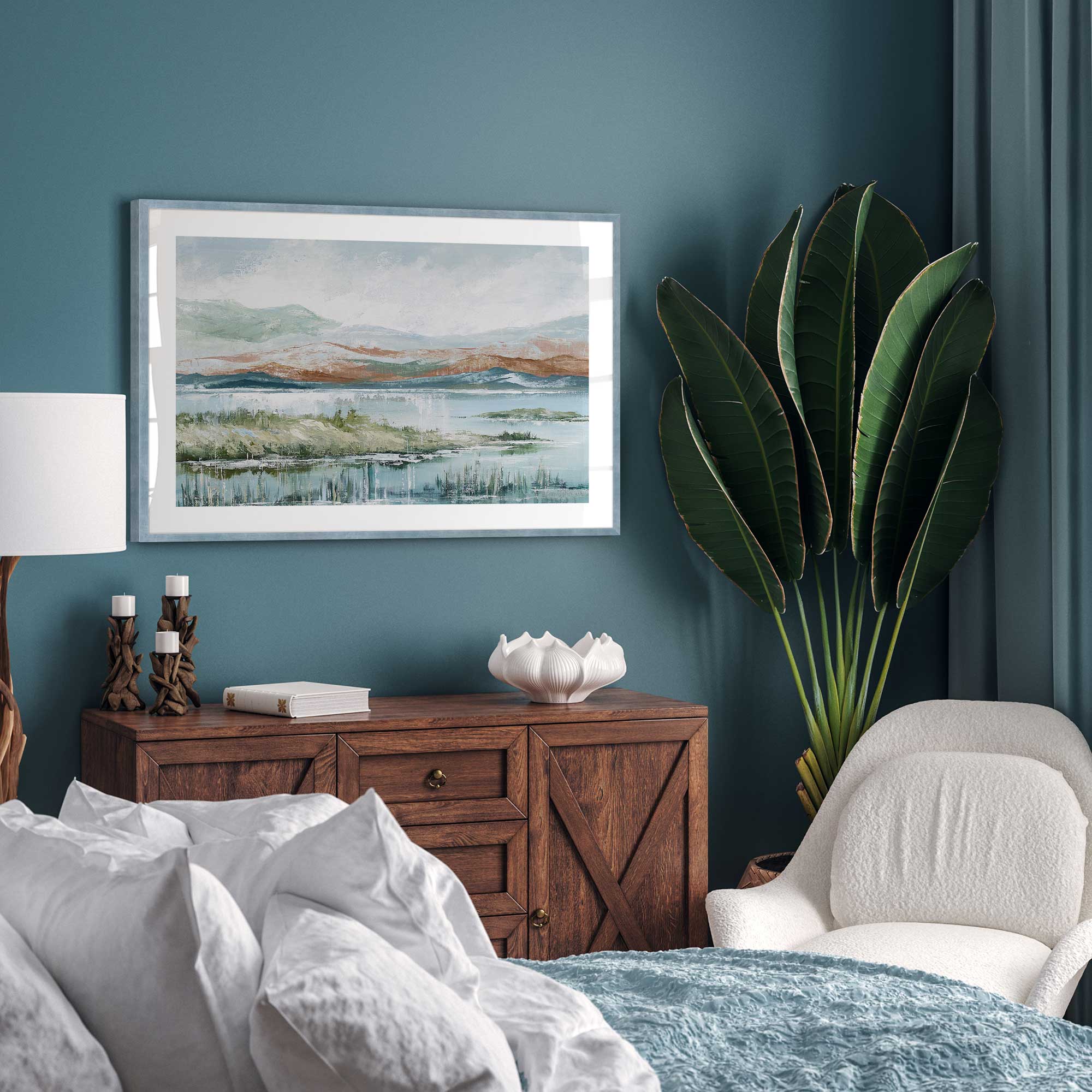 lakeside afternoon enchantment print framed hanging in a bedroom