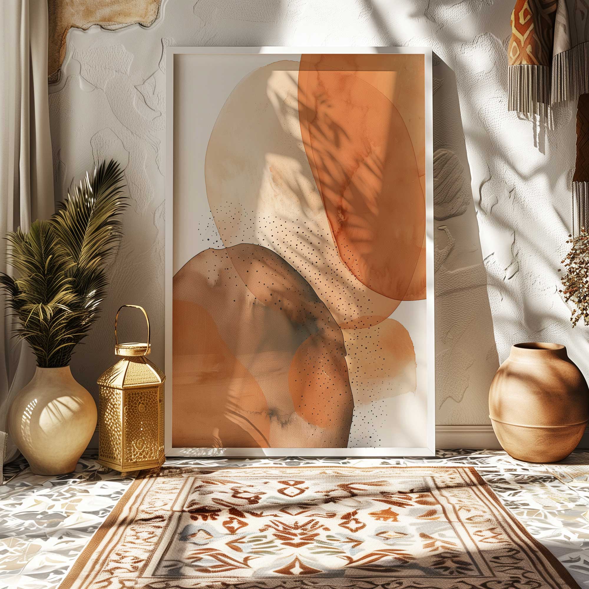 carnelian flame abstract sphere print leaning against wall