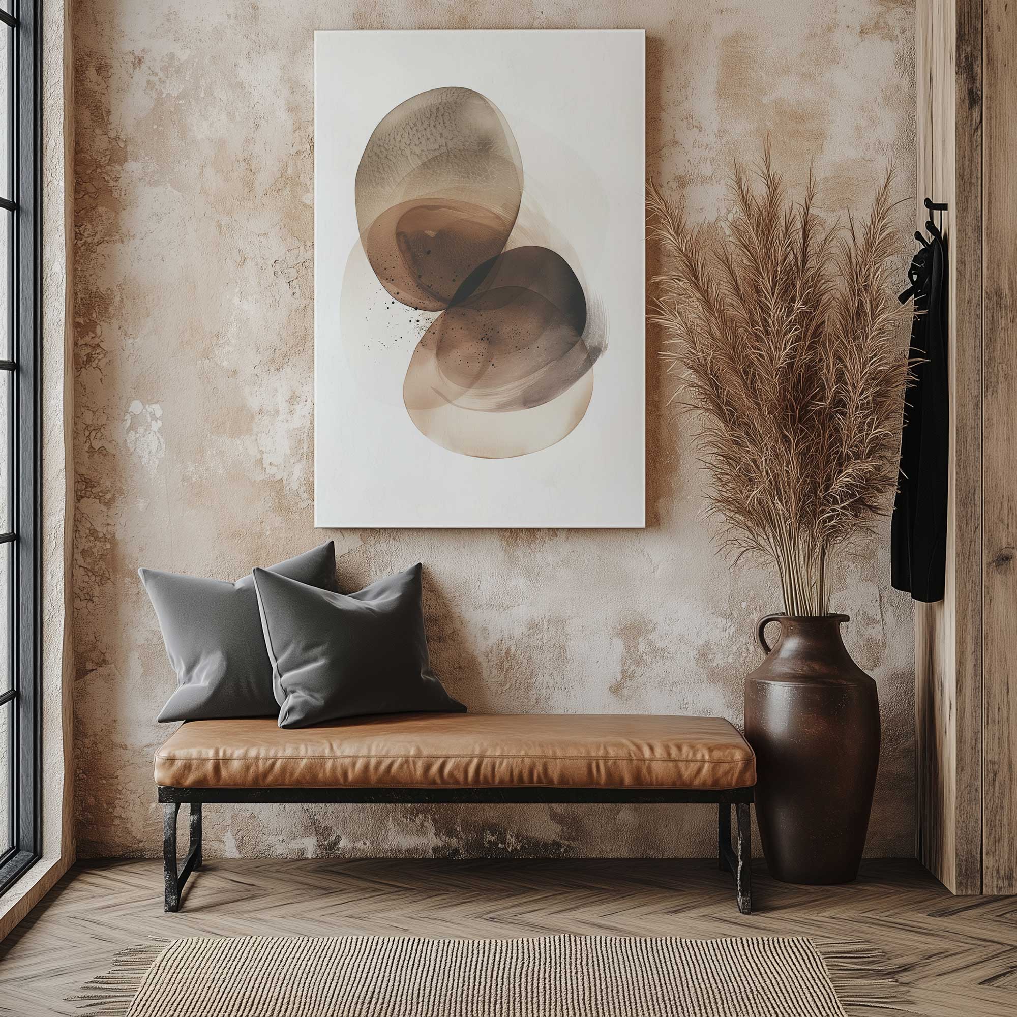 Smoky quartz haze print on canvas hanging above a leather bench