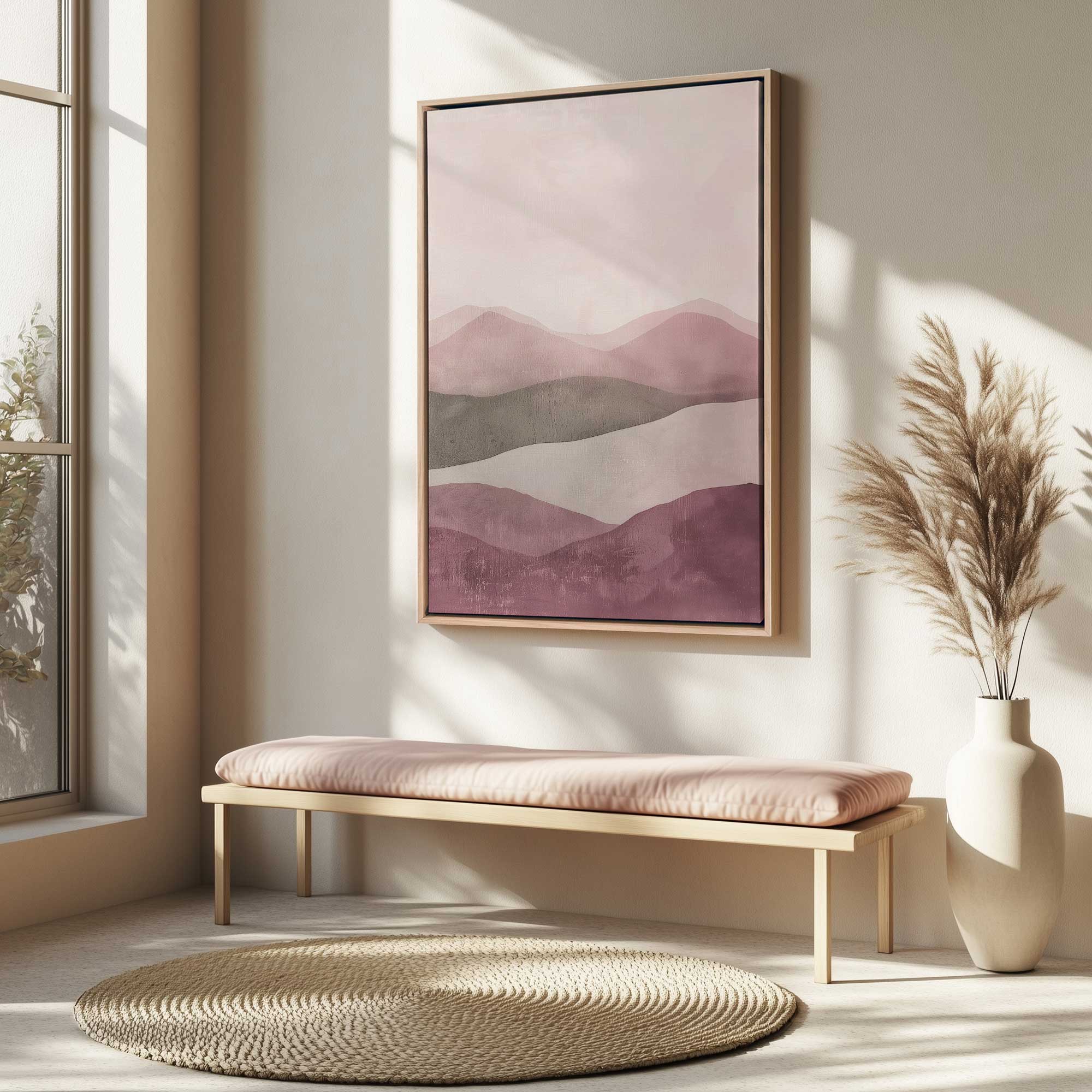 Blush Rose Quartz print on canvas in a maple floater frame hanging above a bench in a neutral entryway