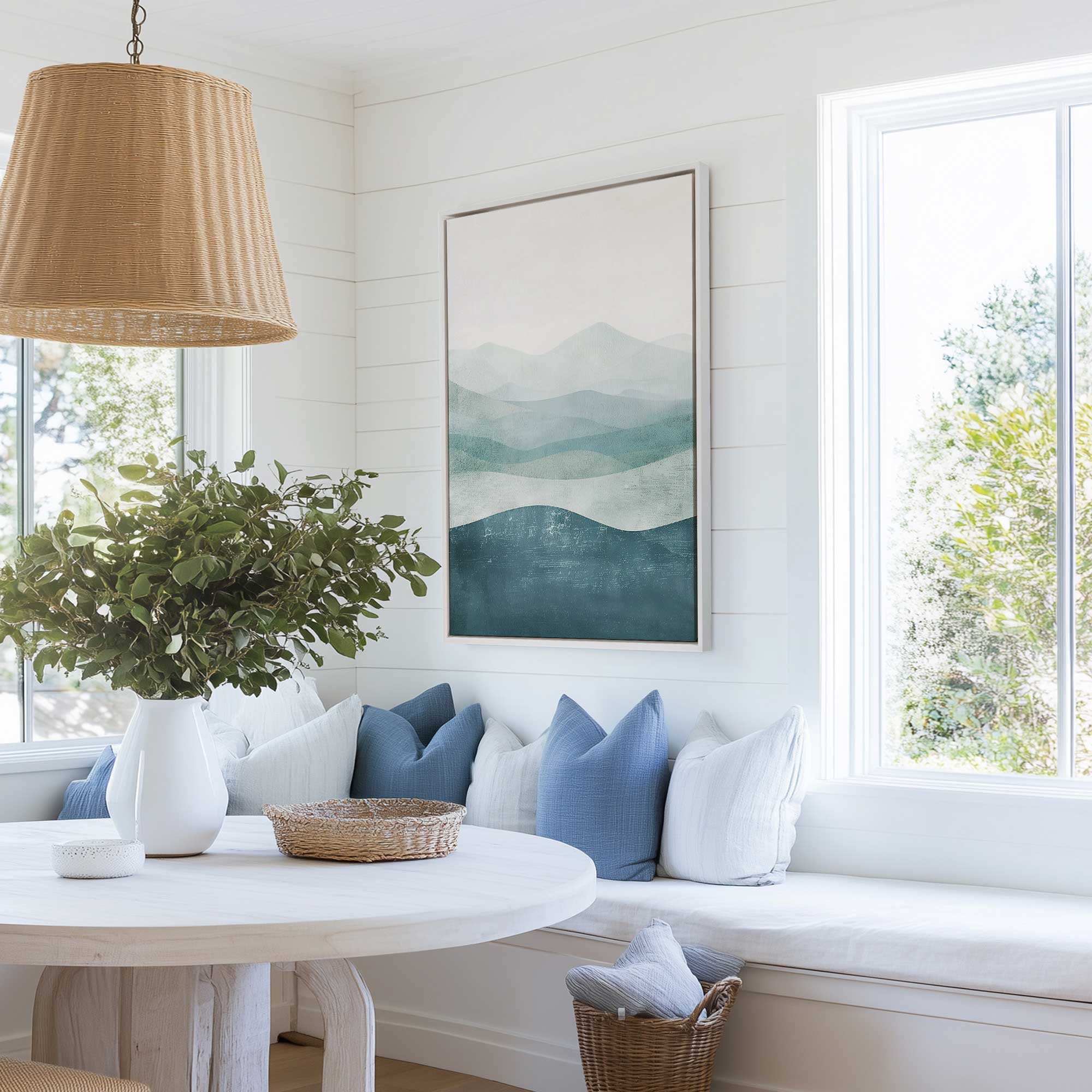celestite calm watercolor abstract print hanging in coastal style dining room