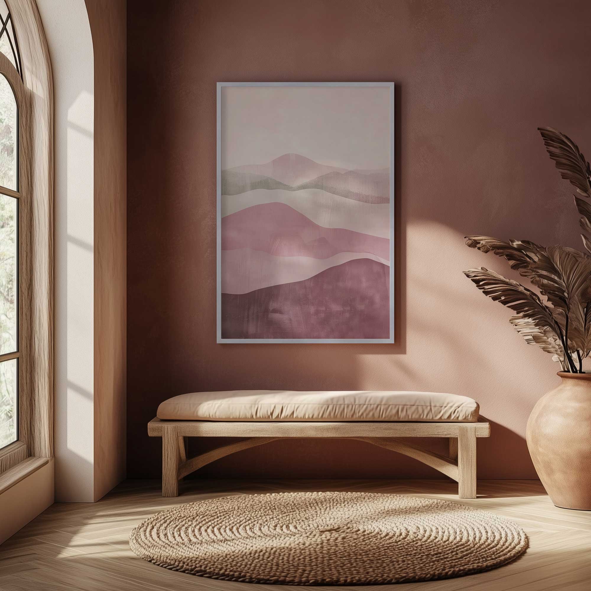 pink fluorite mist watercolor mountain print hanging above bench