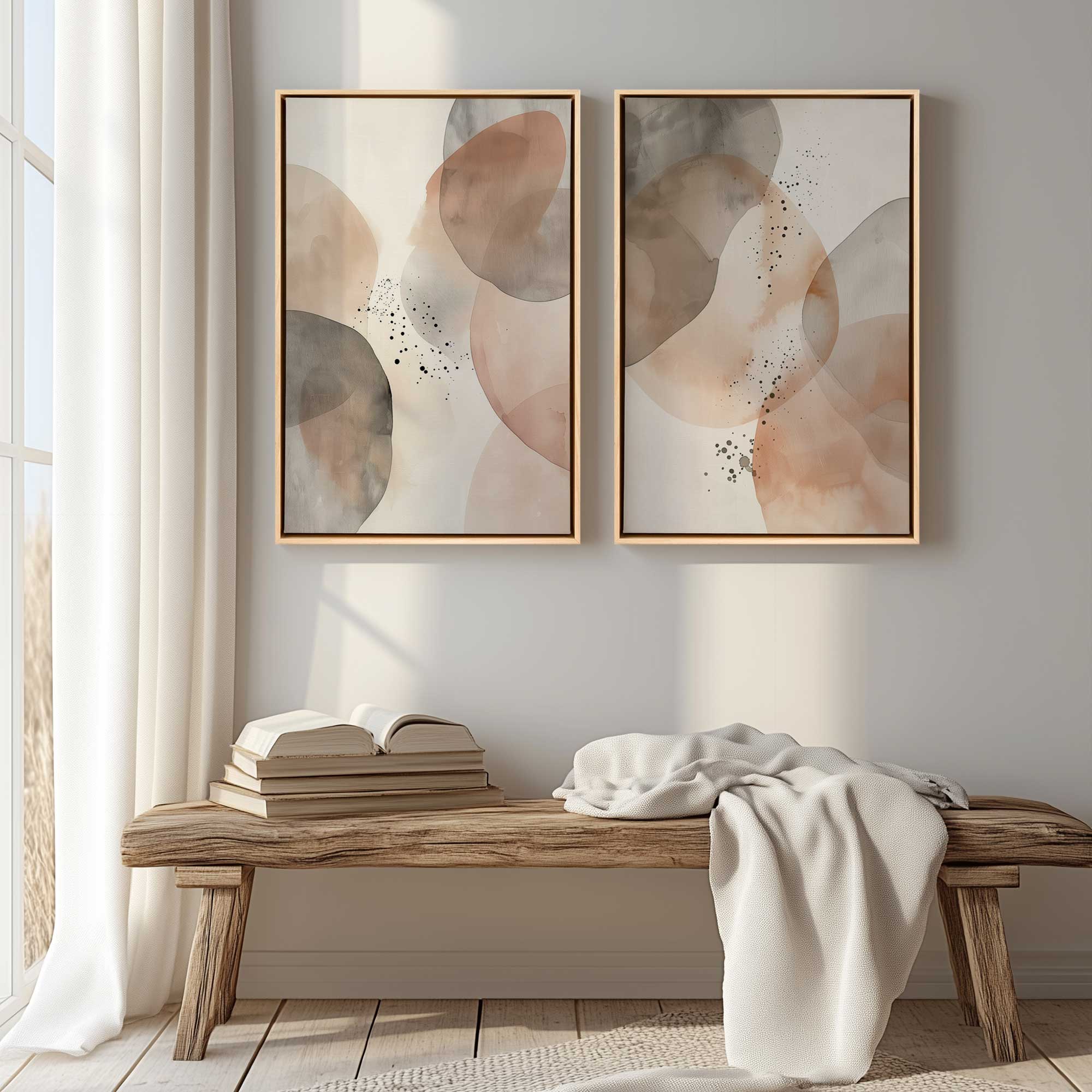 Sandstone Glow, set of 2 canvas prints in a maple floater frame hanging above a bench