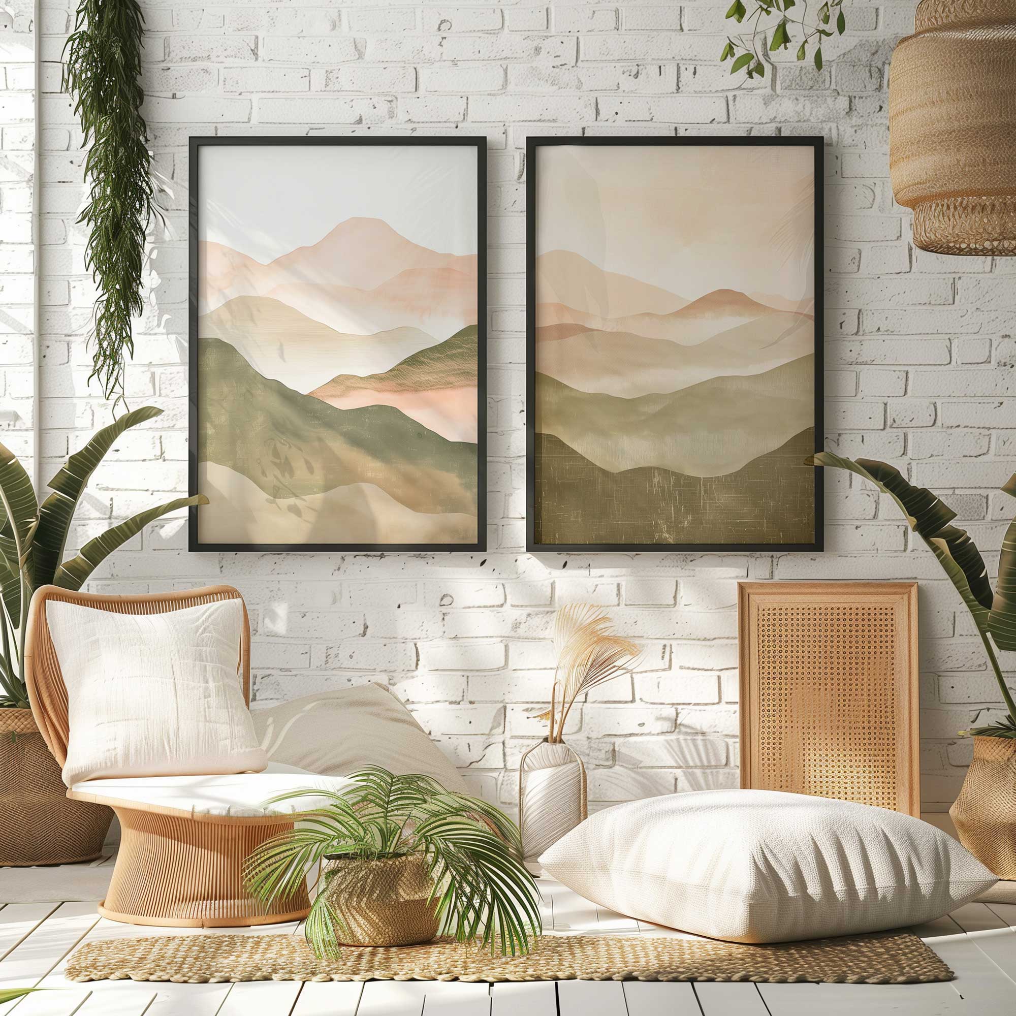 sunset jasper set of 2 framed earth-toned nature prints hanging in boho living room