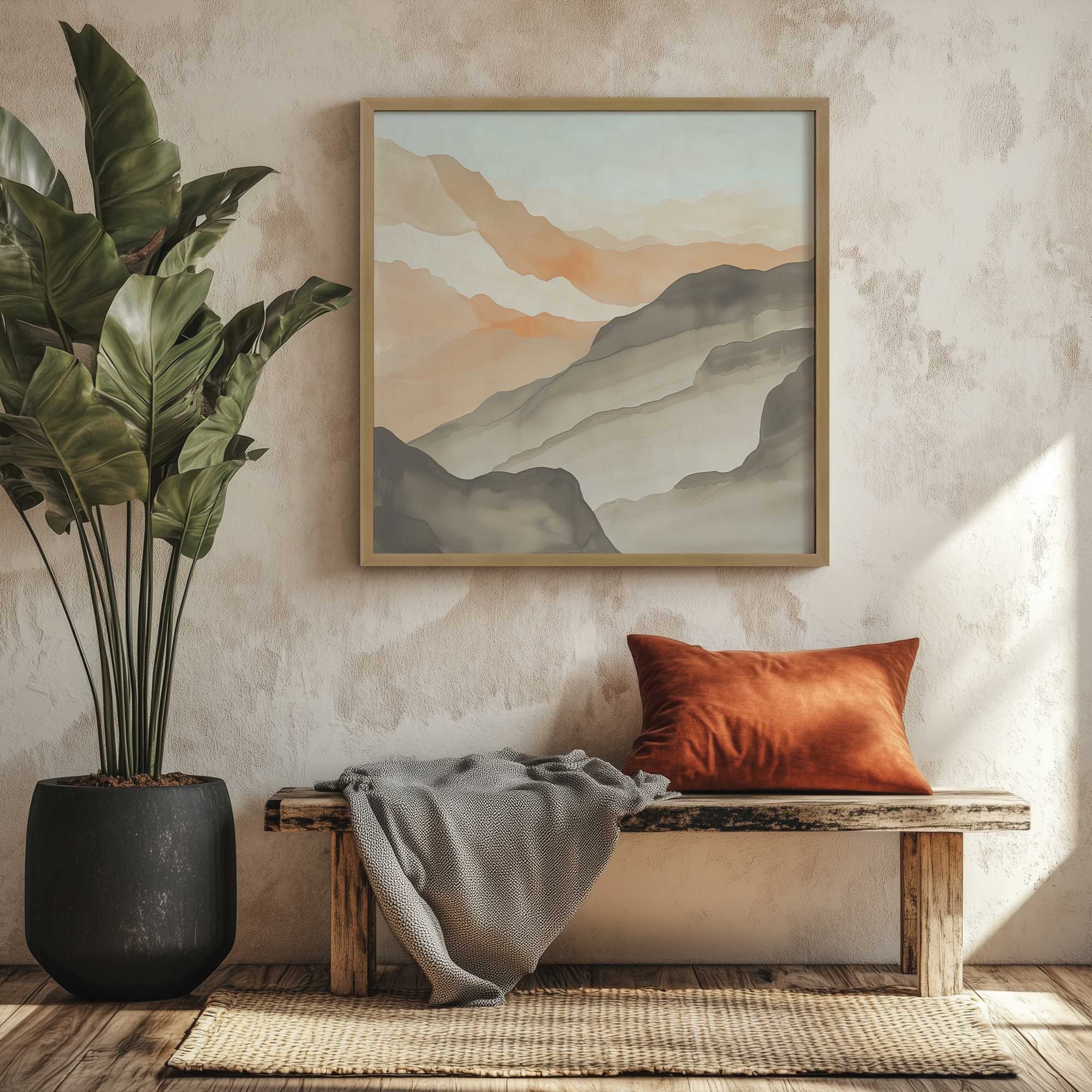 Amber Horizons I print hanging above bench in living room