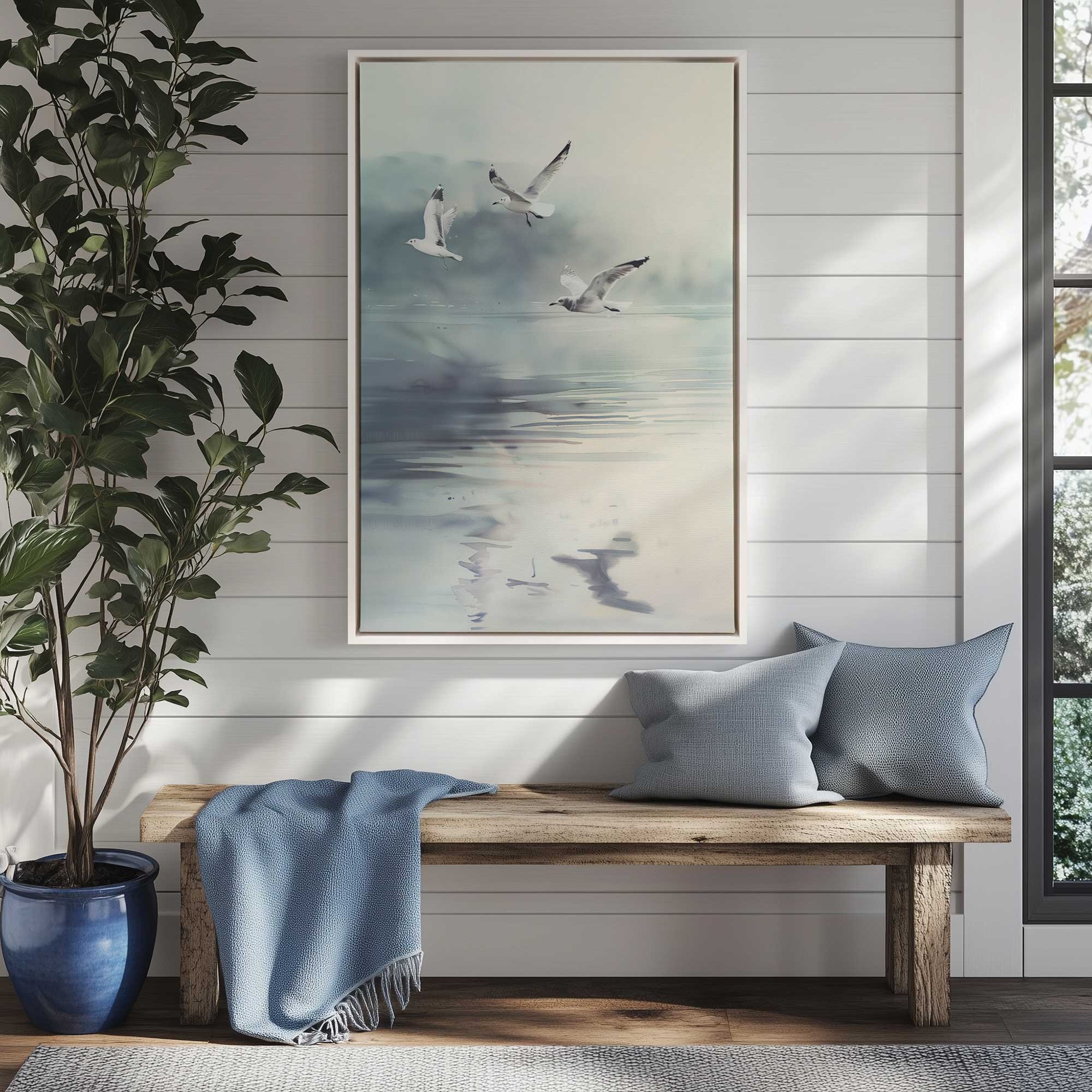 Misty Soar II Print on canvas of flying seagulls hanging above bench