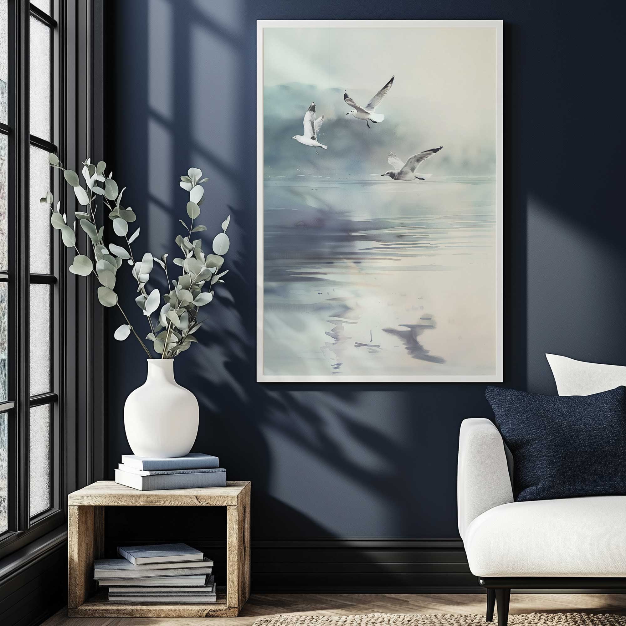misty soar II print hanging in navy living room