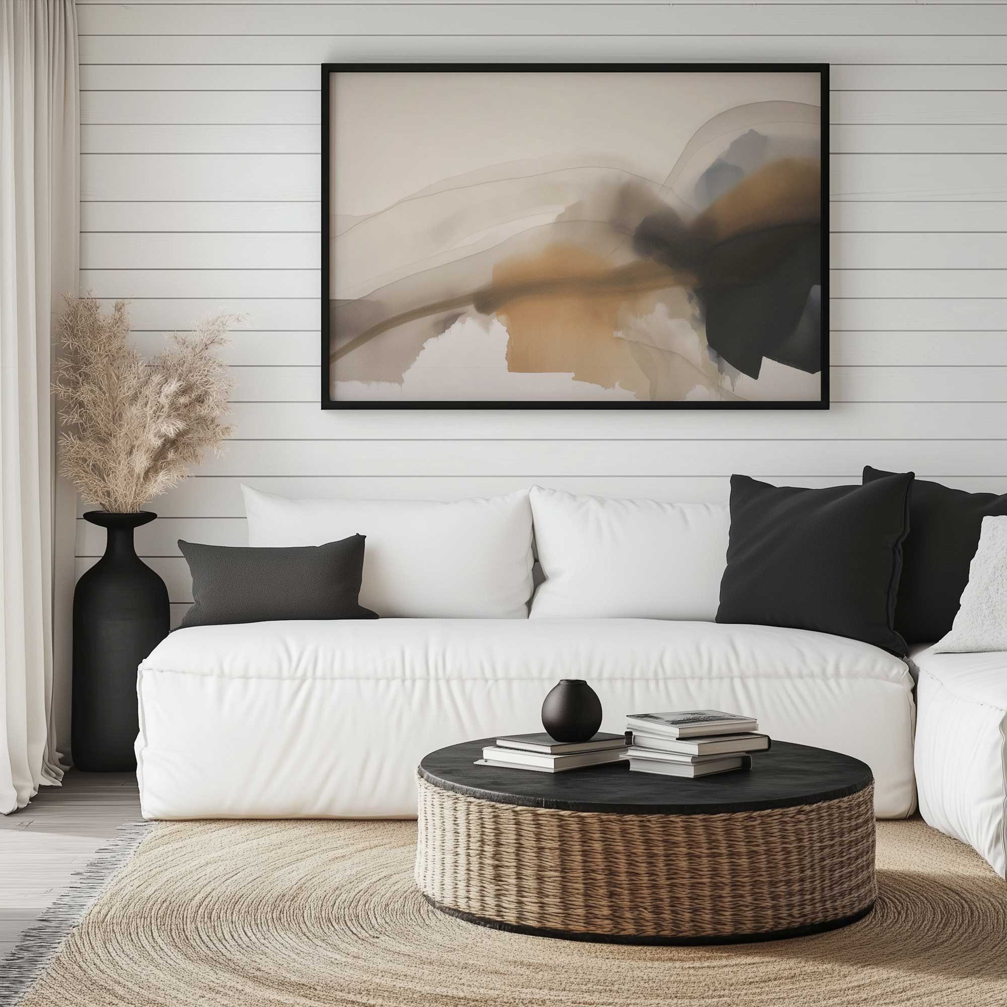 rustic elegance noir watercolor print hanging above couch in modern living room