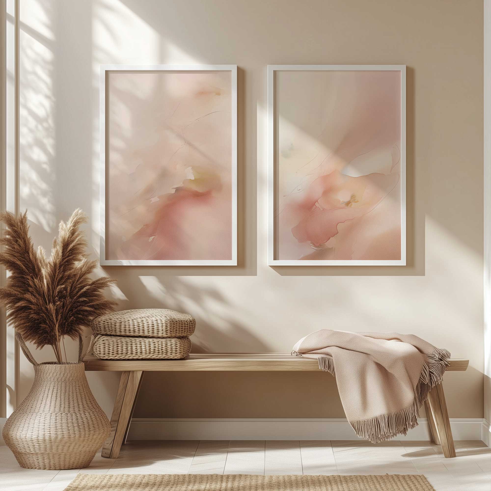 pastel paradise delight set of 2 abstract prints hanging above a bench