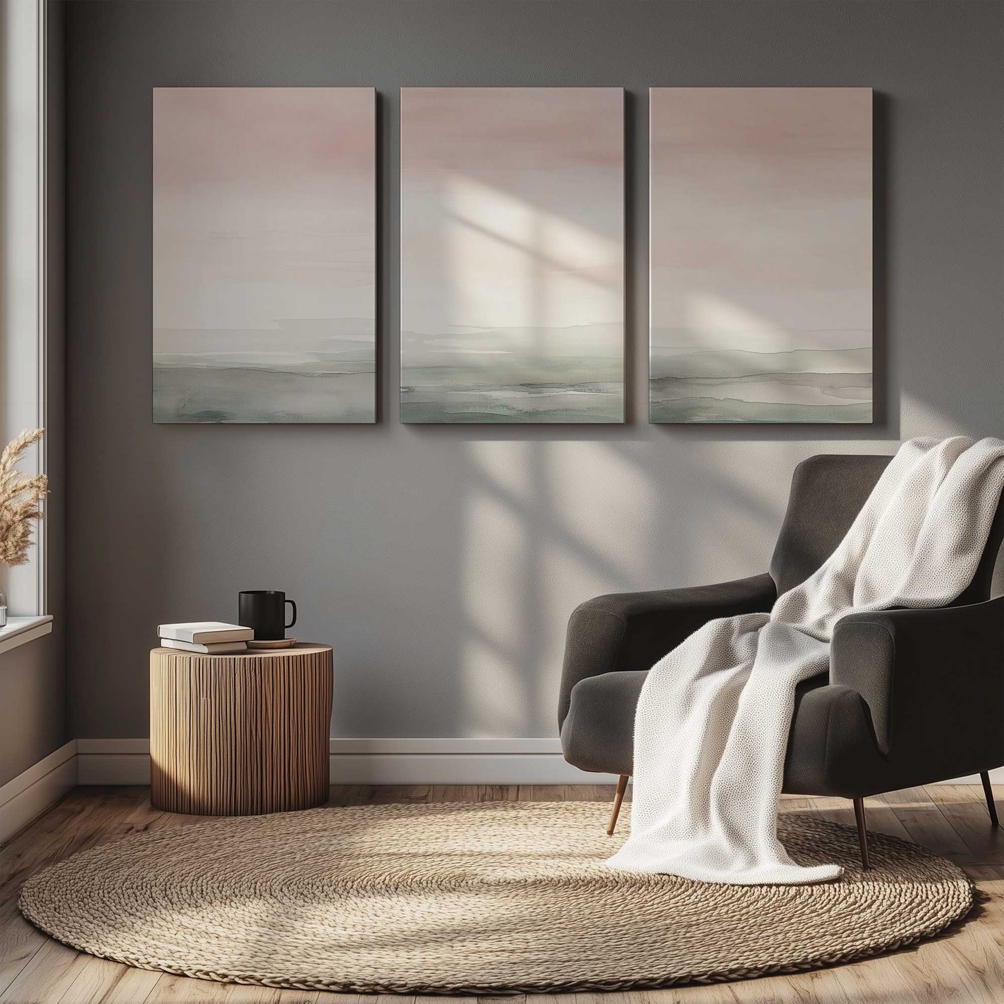 peach tranquility set of 3 abstract prints hanging in traditional style living room