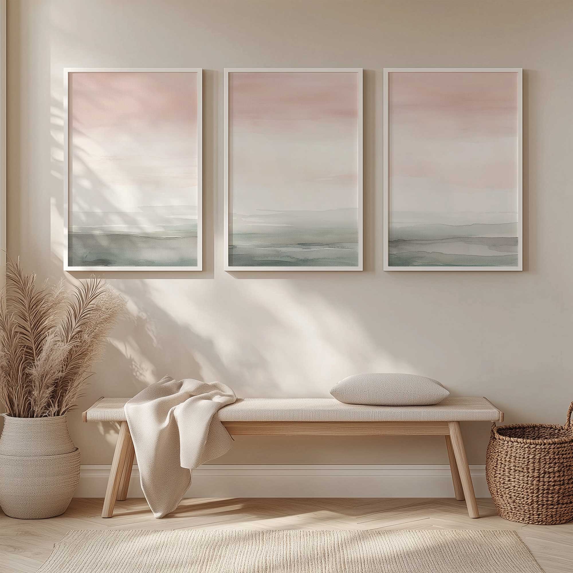 peach tranquility set of 3 prints in matching white frames hanging above a bench