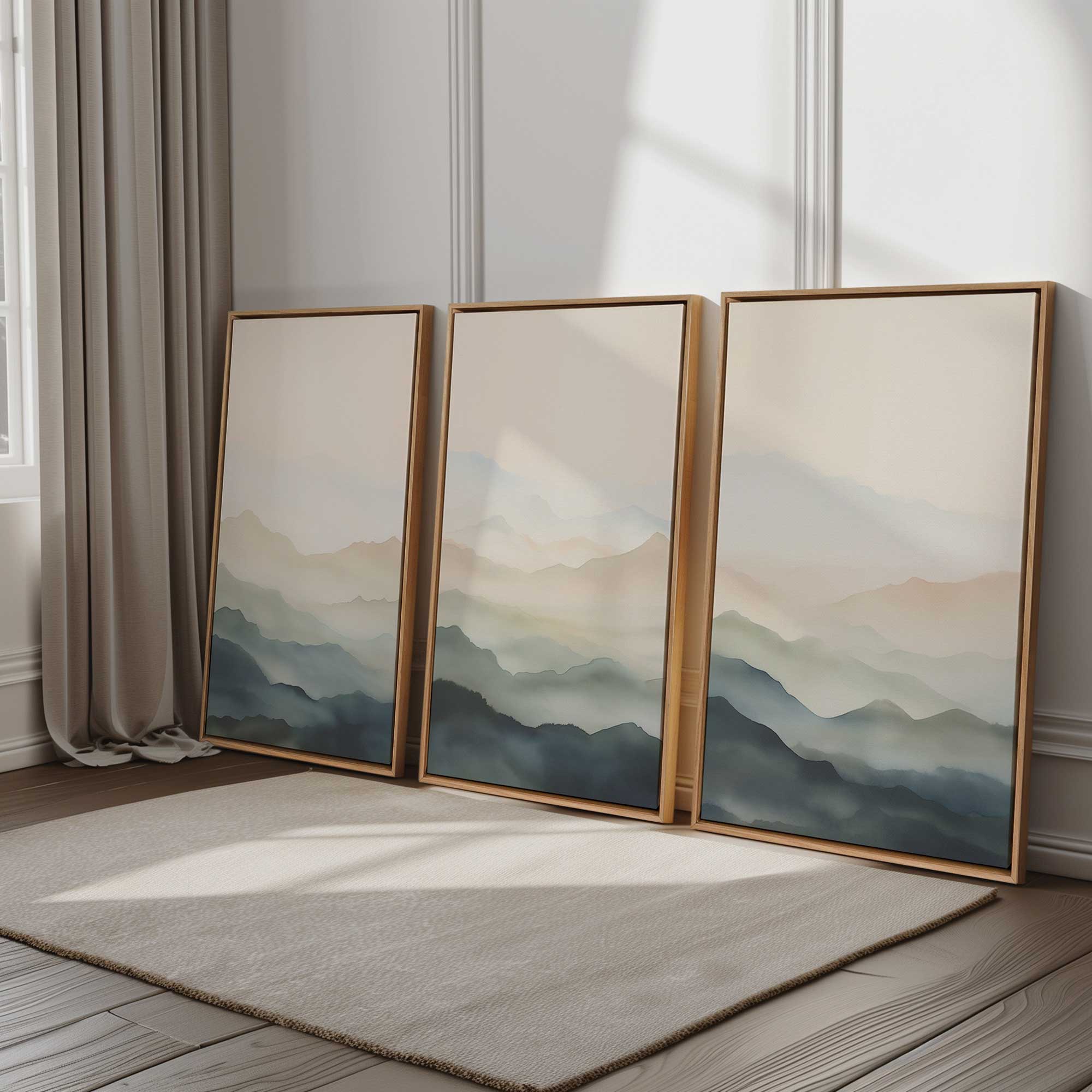 silent serenity set of 3 canvas prints in maple floater frames