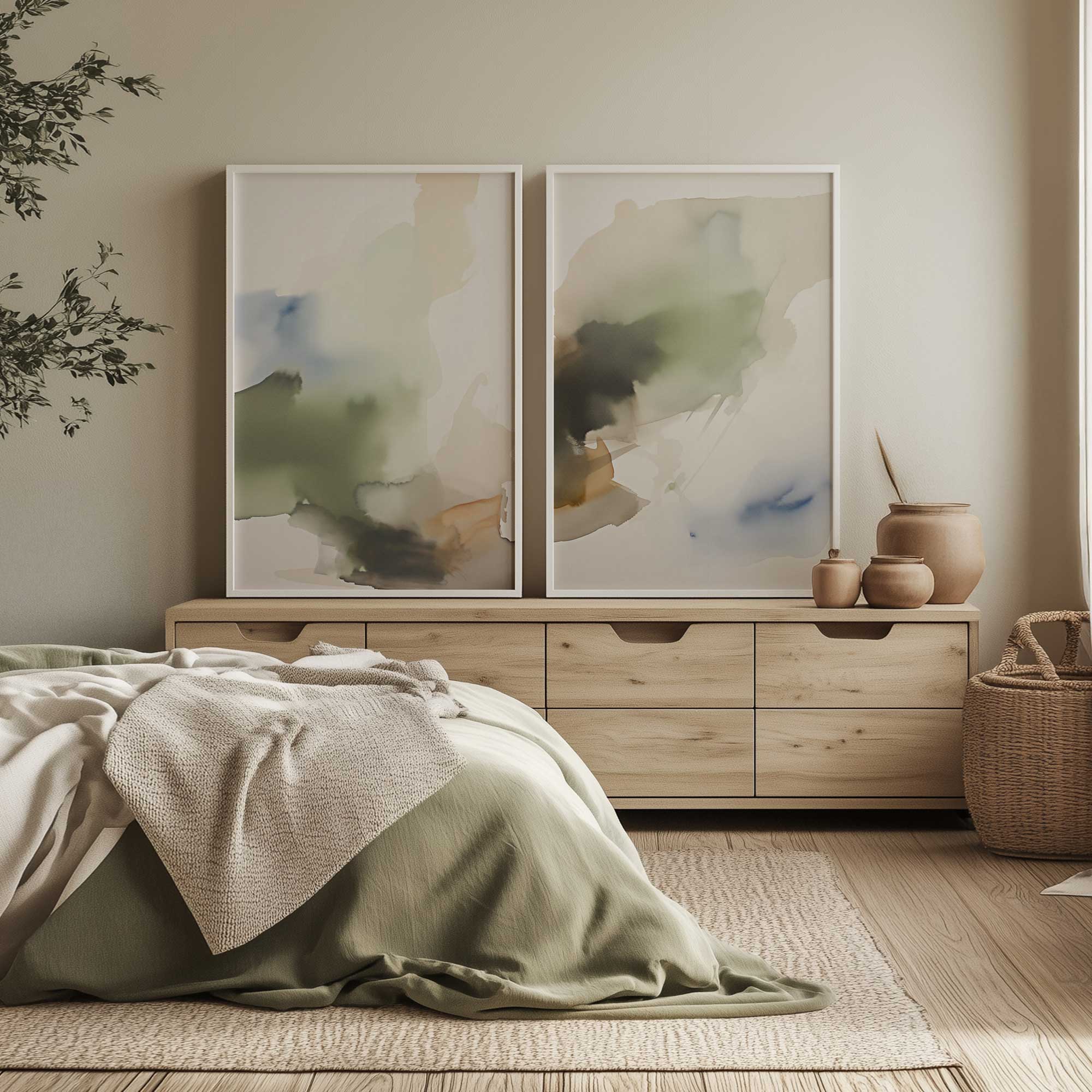 tranquil earth reverie set of 2 framed abstract prints in a neutral bedroom