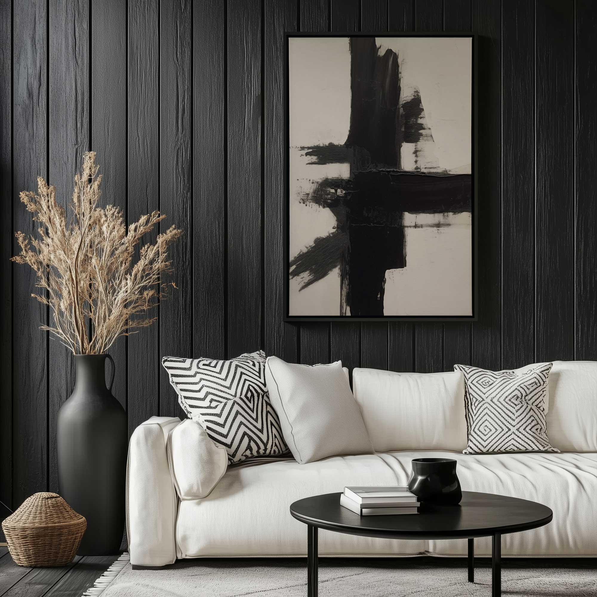 Contrast in silence I canvas print hanging on wall in a black floater frame