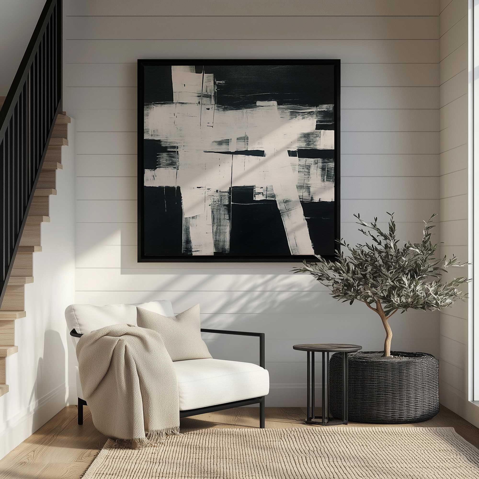 eclipsed onyx tangle black and white abstract framed canvas print hanging in modern entryway