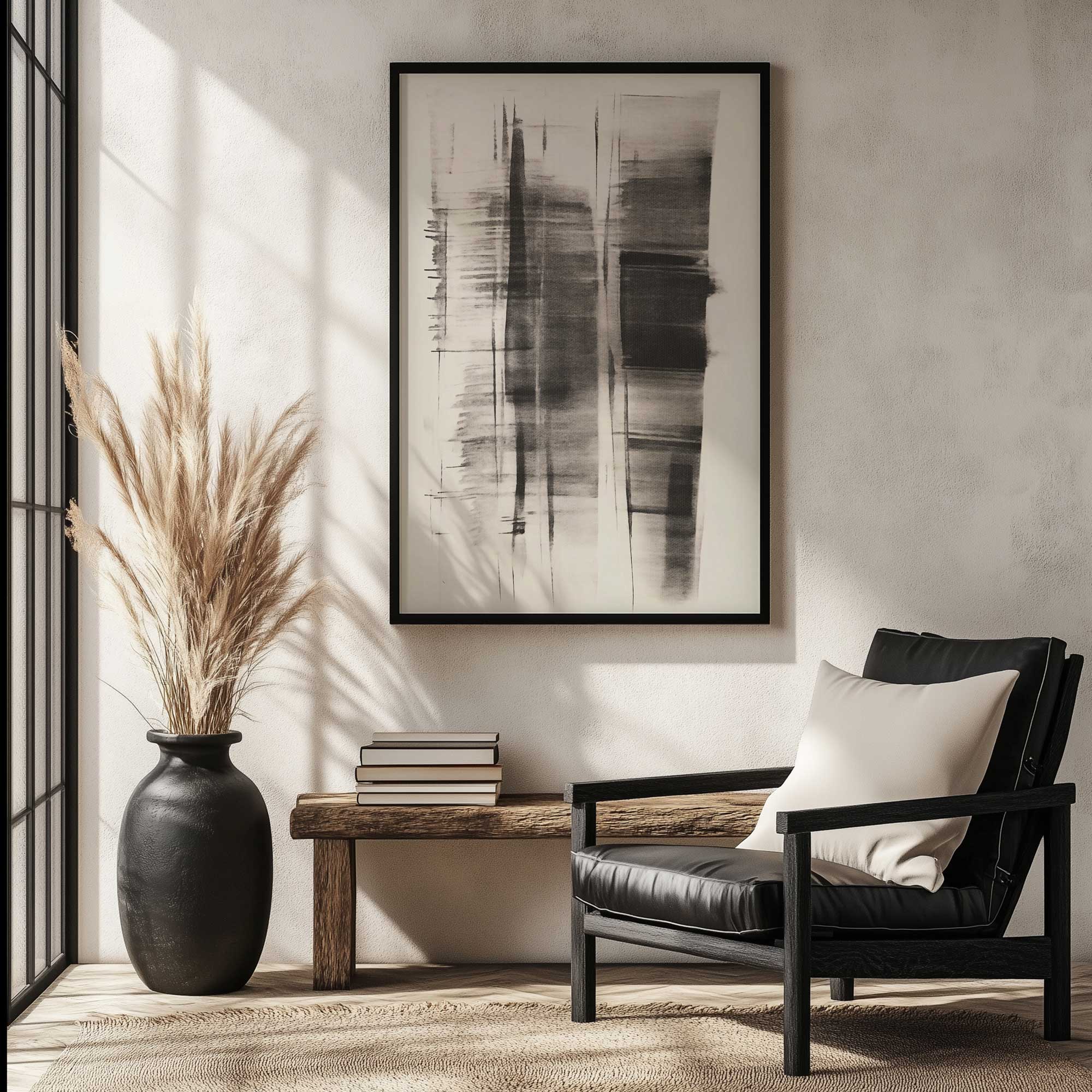 Hazy shade whimsy II print hanging in modern sitting room