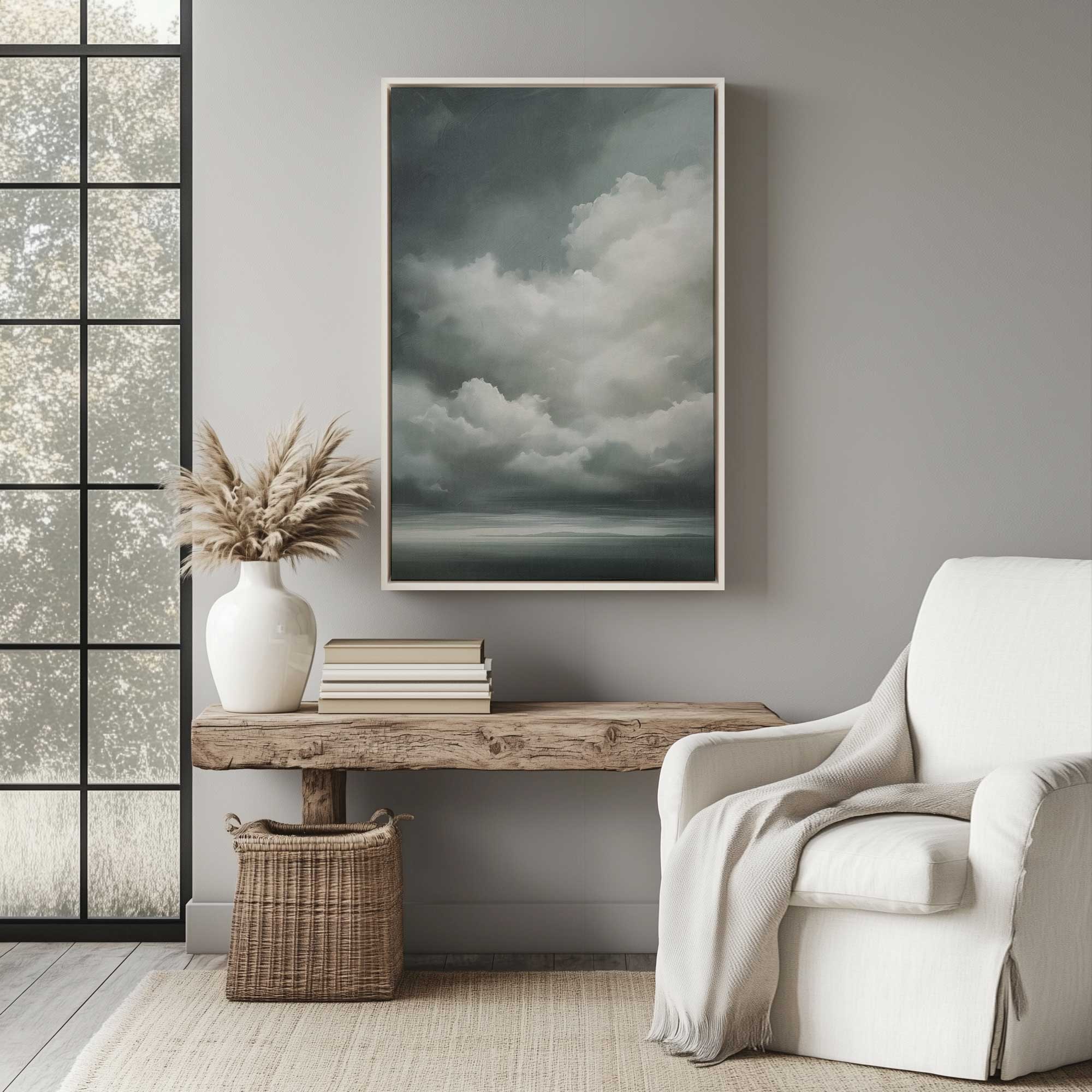 Sombre Skydance I canvas print on wall in a white flpater frame