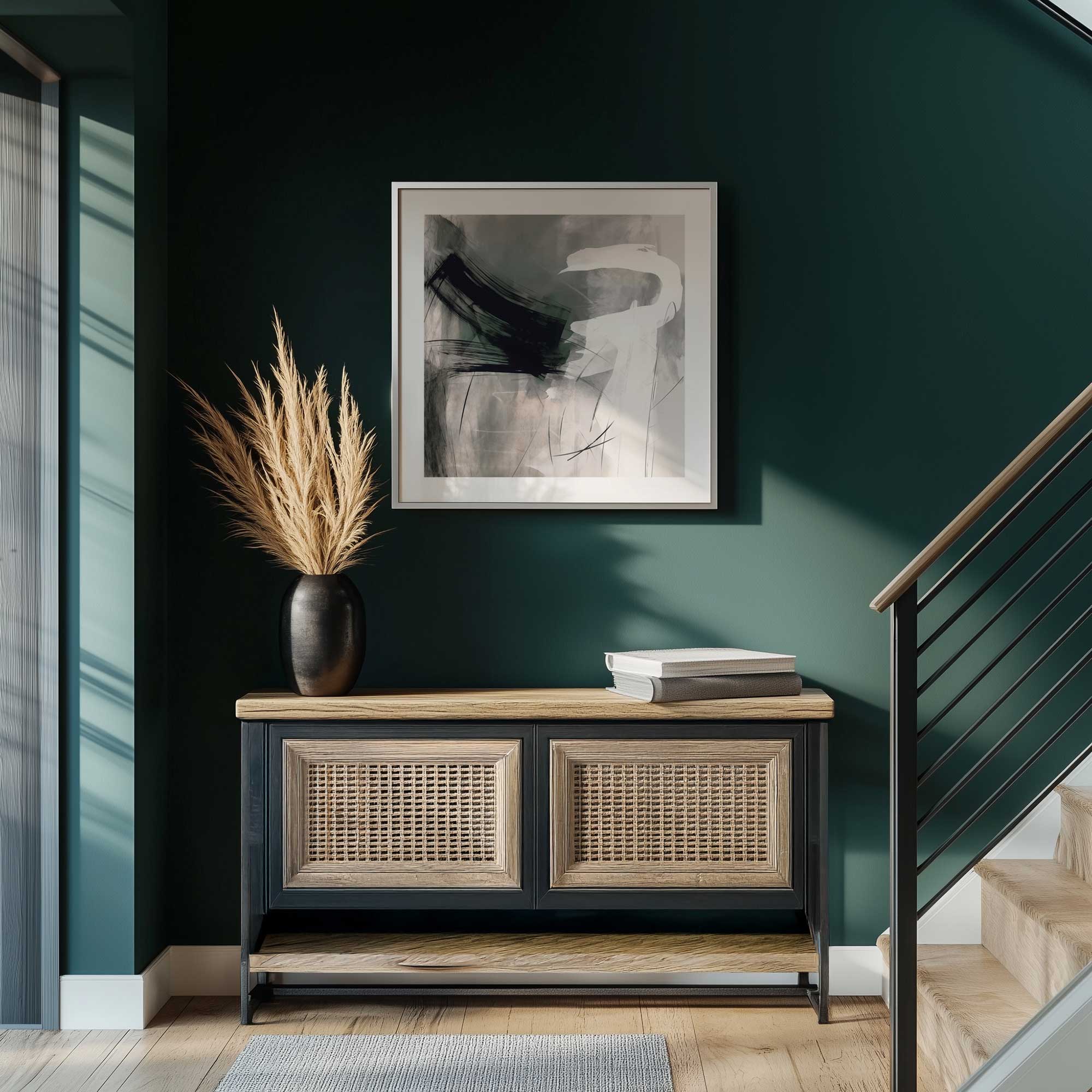 vortex vision II print with white border hanging in a green entryway