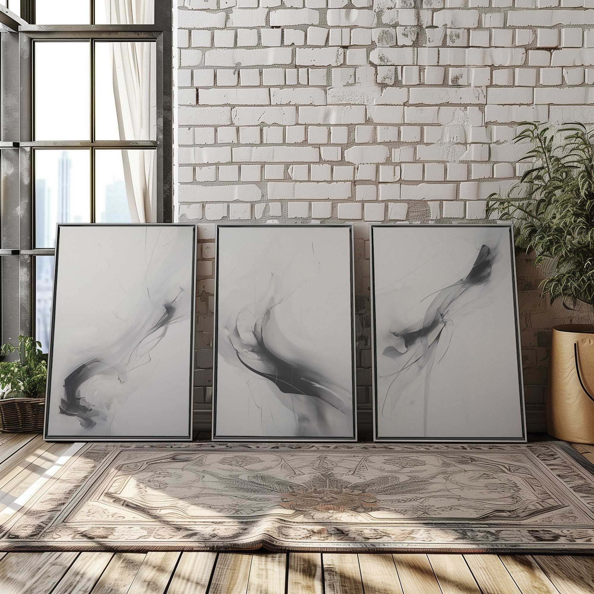 ethereal smoke dance set of 3 canvas prints against exposed brick wall