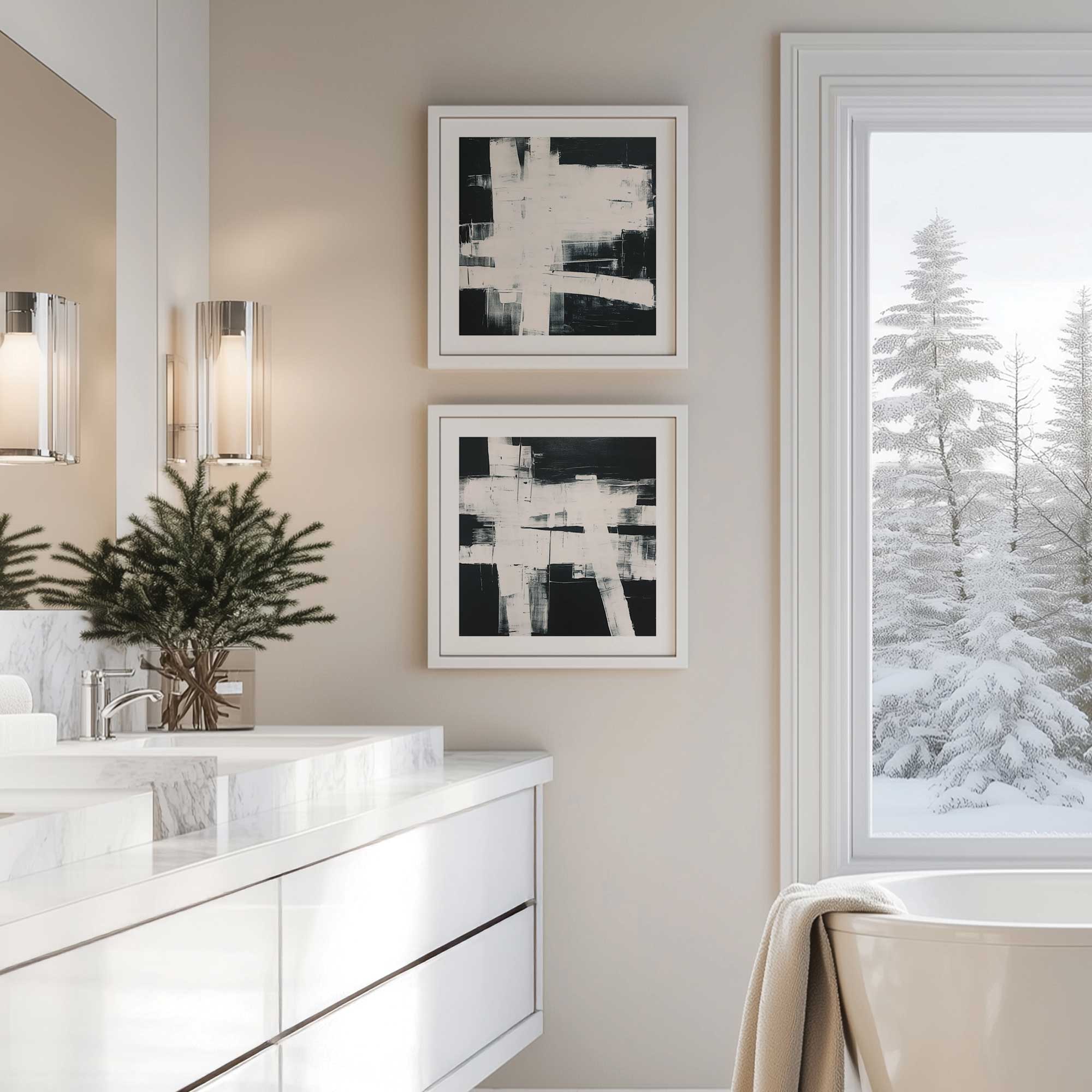 Eclipsed onyx tangle set of 2 framed prints hanging in a small wall space in a bathroom