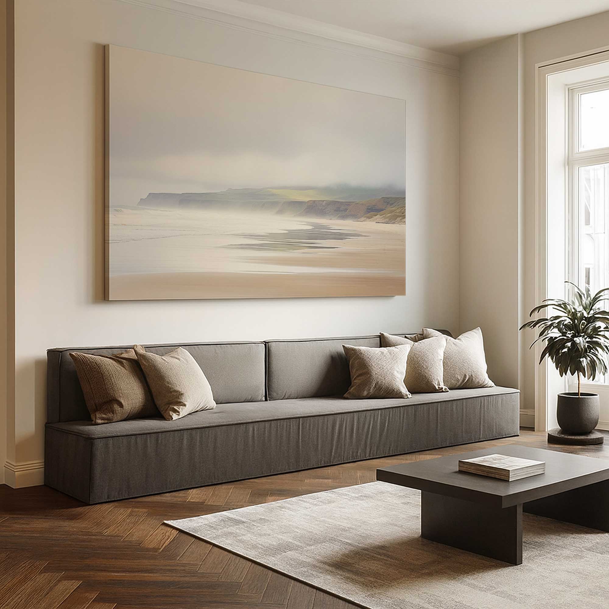 Misty Shores Large canvas print hanging above a long couch