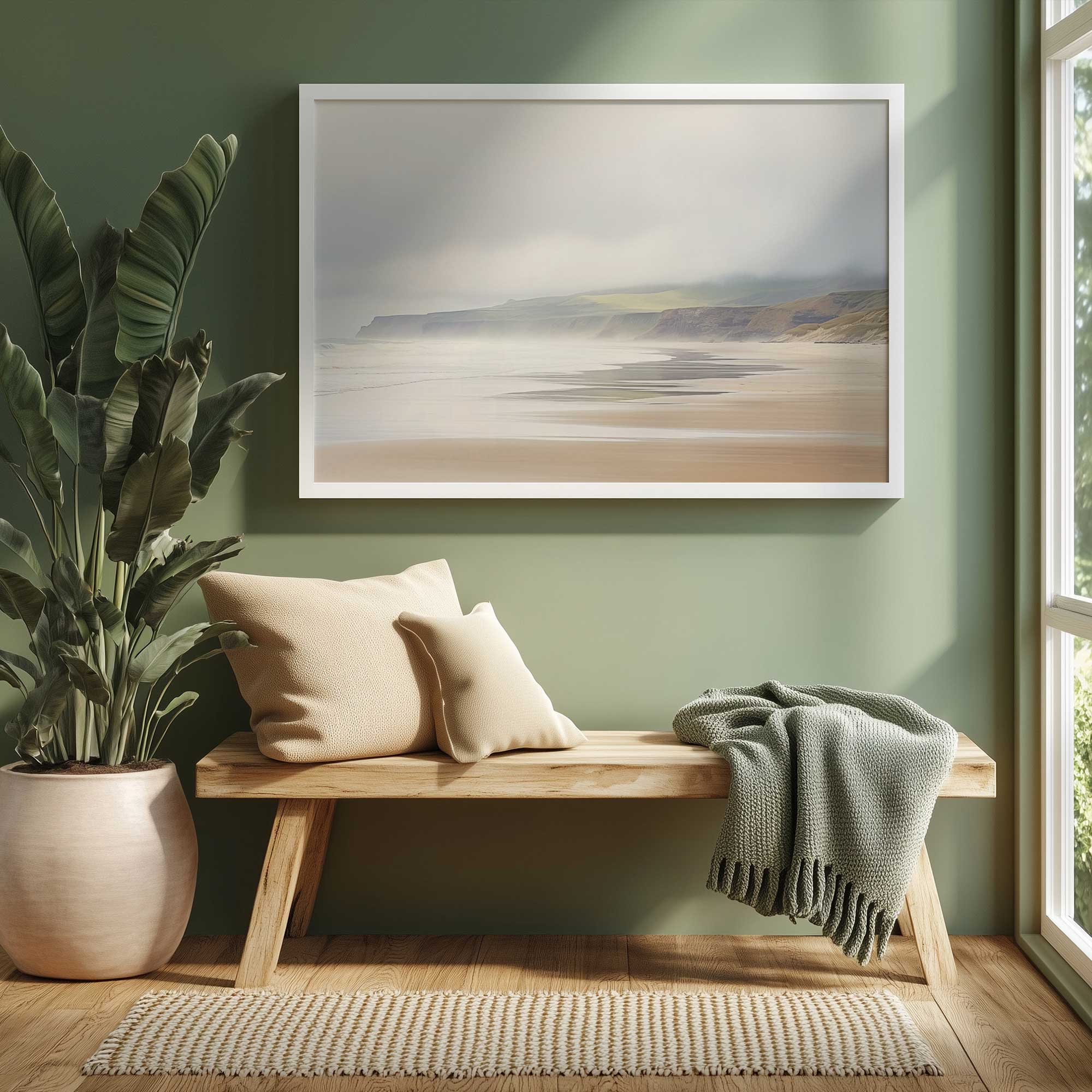 misty shores print hanging above bench