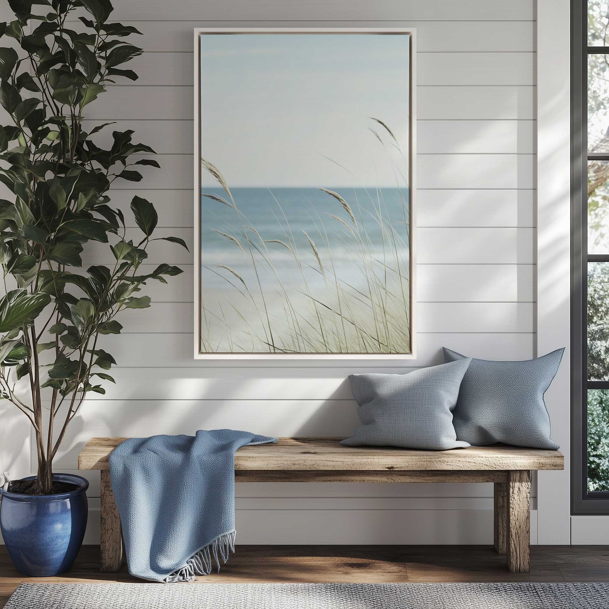 ocean lullaby II print on canvas in a floater frame hanging in entryway
