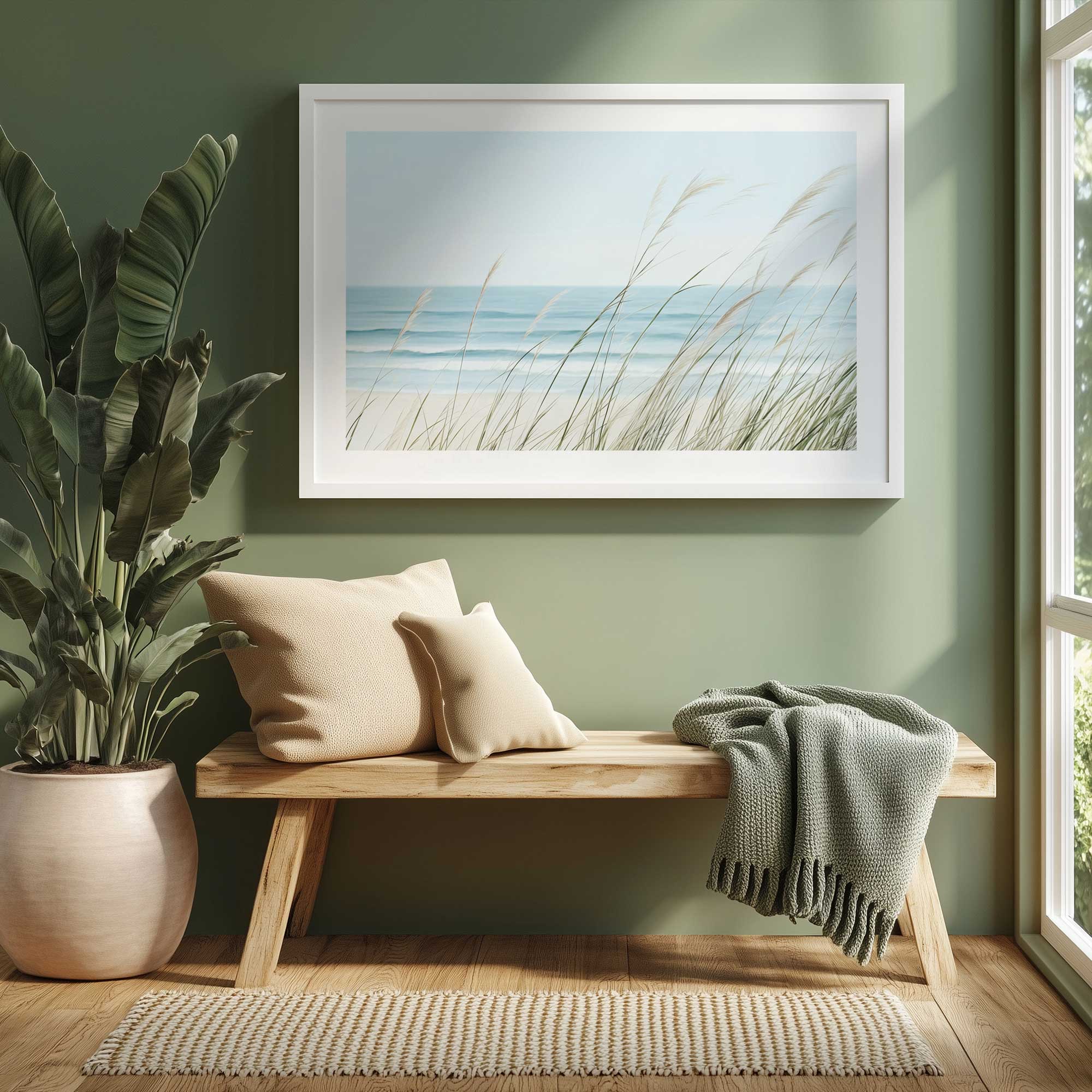 ocean lullaby art print in a white frame hanging above a bench with cushions on a green throw on it