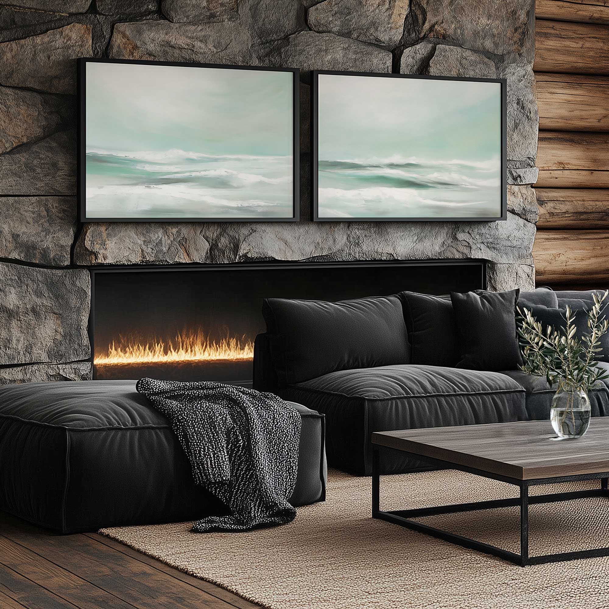 serene swells set of 2 art prints hanging above a fireplace in a cozy rustic living room