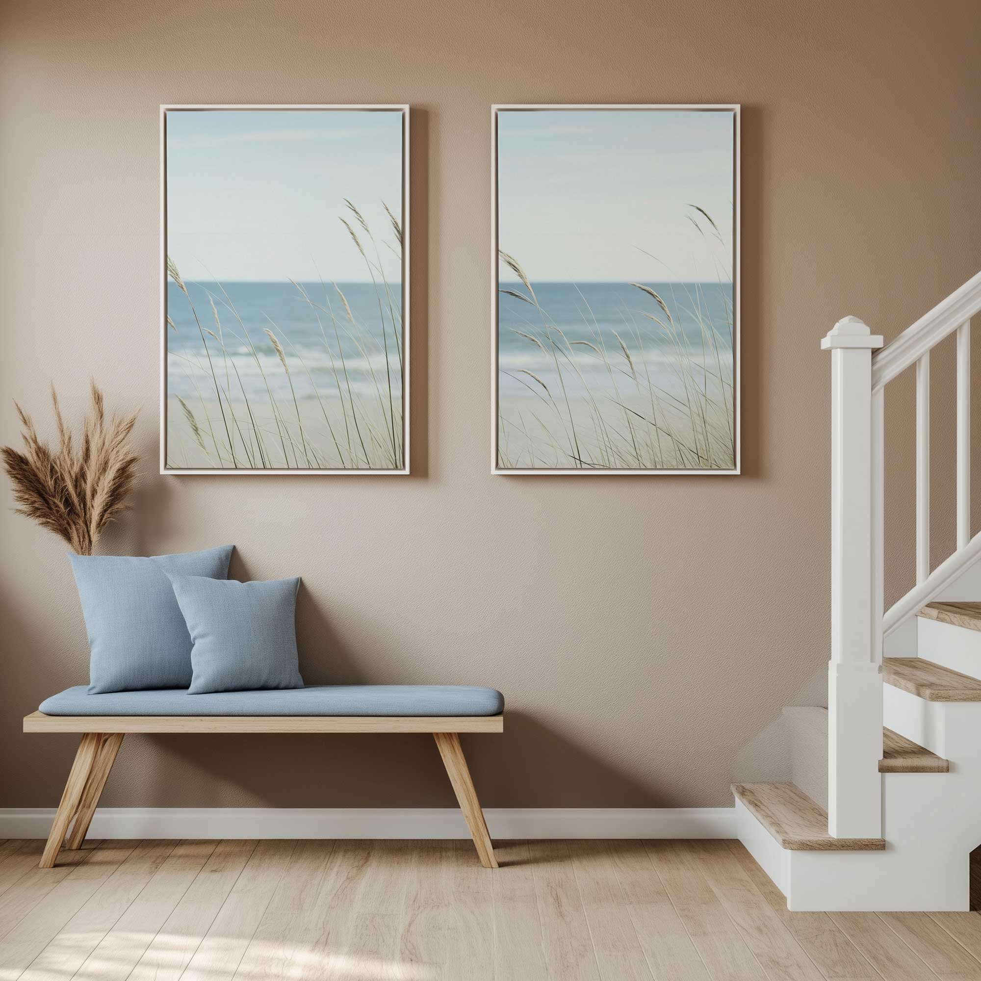 ocean lullaby set of 2 framed prints of beach grasses hanging by staircase