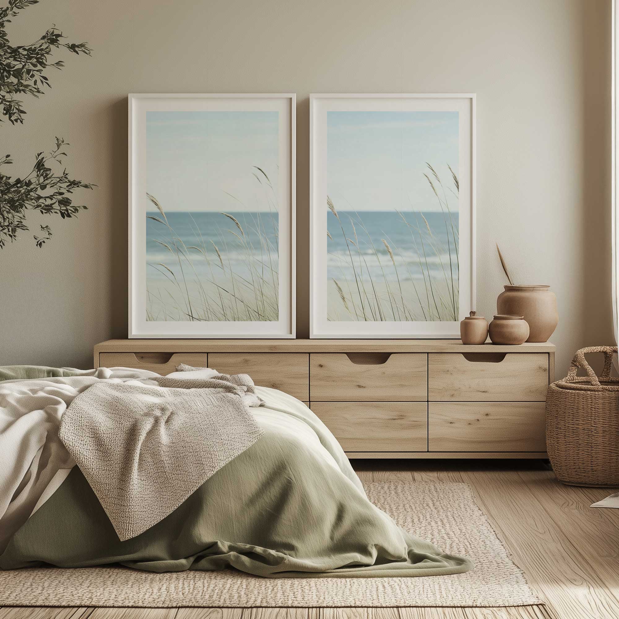 Ocean Lullaby set of 2 beach photography prints in white frames in a neutral bedroom