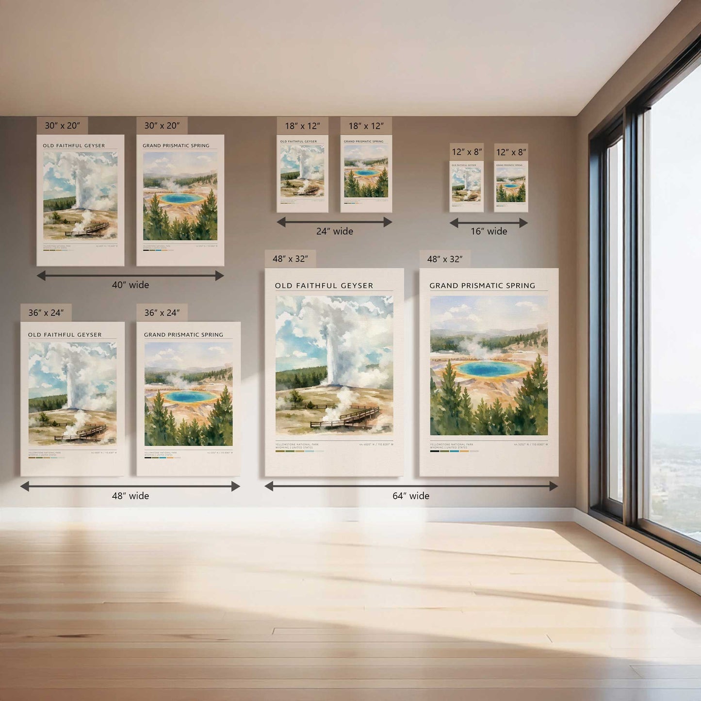Old Faithful Geyser & Grand Prismatic Spring, Set of 2 Prints on Canvas