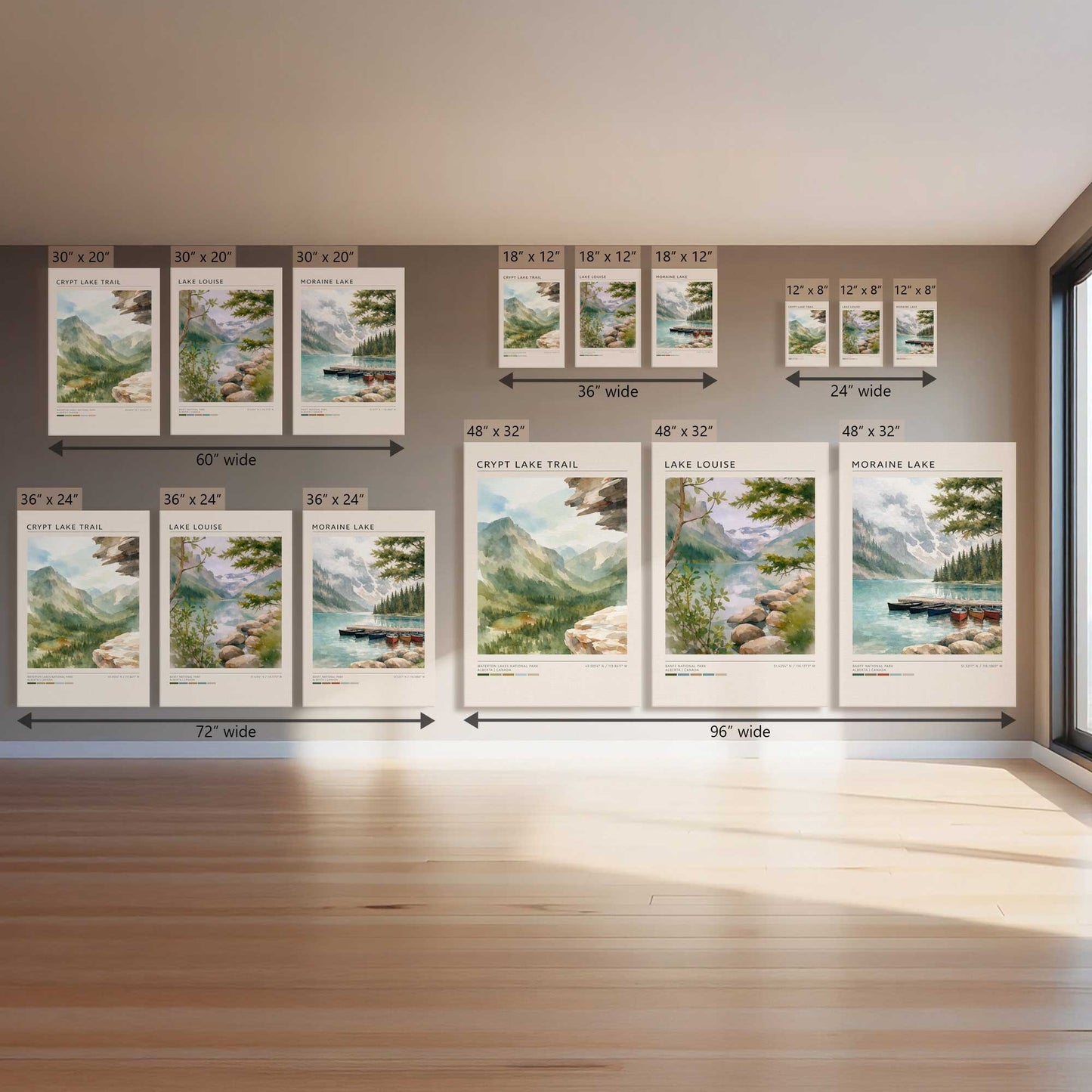 Crypt Lake, Lake Louise & Moraine Lake, Set of 3 Prints on Canvas