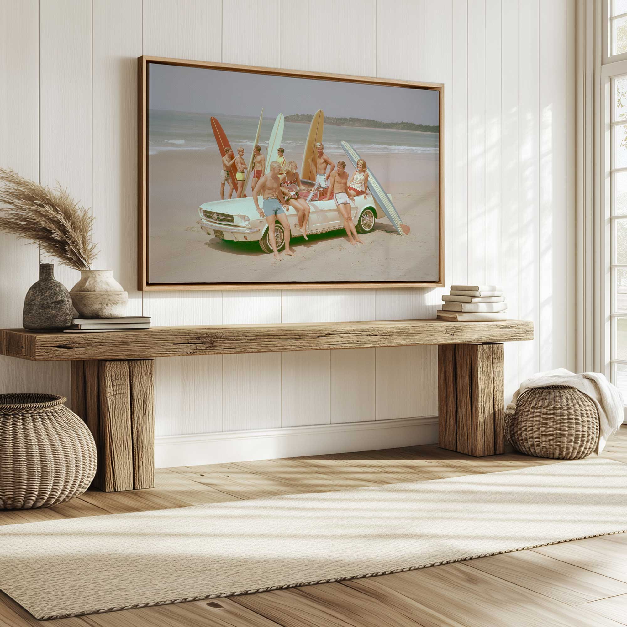 surf club summer vintage framed canvas photo hanging in entryway