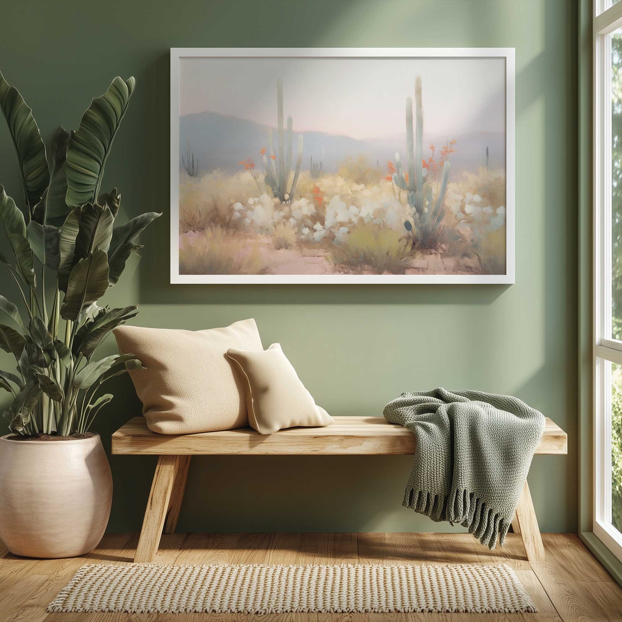twilight cacti framed art print hanging above a bench